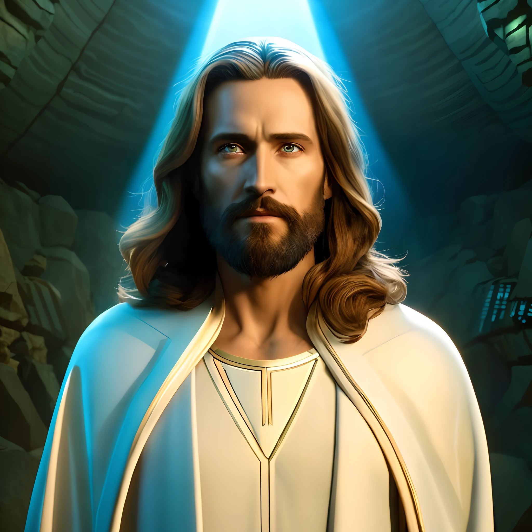 jesus is standing in a cave with a light shining through his eyes, jesus christ in mass effect, tron legacy jesus christ, tron legacy jesus, portrait of jesus christ, jesus christ, jesus, jesus face, jesus christ going super saiyan, cyberpunk jesus christ, jesus of nazareth, greg olsen, the lord and savior, dressed like jesus christ