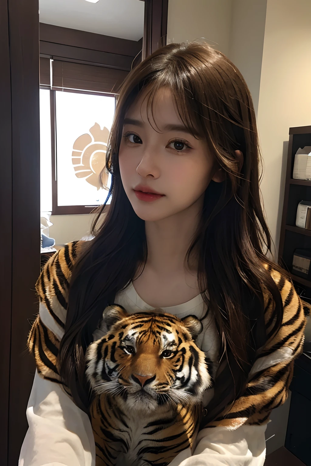 (frombelow:1.4)、((1girl in)),Light Brown Fringe Hair、Braided hair、disheveled hair、Light brown eyes、(dignified expression)、(爆乳:1.5)、Emphasize the valley、fittingroom、(Photorealsitic)、(intricate detailes:1.2)、(masterpiece、:1.3)、(top-quality:1.4)、(超A high resolution:1.2)、超A high resolution、(A detailed eye)、(detailed facial features)、(Shirt with a large tiger face in the middle:1.5)、(selfee:1.3)