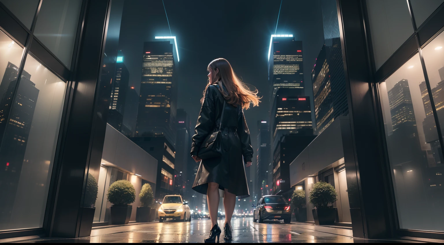 (best quality,4k,8k,highres,masterpiece:1.2),ultra-detailed,(realistic,photorealistic,photo-realistic:1.37),HDR,UHD,studio lighting,ultra-fine painting,sharp focus,physically-based rendering,extreme detail description,professional,vivid colors,bokeh,portraits,landscape,colorful,bright,urban,night scene,lonely girl,modern city,skyscrapers,twinkling lights,reflection on the wet pavement,peaceful,serene atmosphere,rainy day,calm,fashionable outfit,stylish walk,confident posture,gentle breeze,city sounds,excitement in the air,cosmopolitan vibes,verdant trees,potted plants,artistic graffiti,electric bikes,crowded streets,endless possibilities,moonlit sky