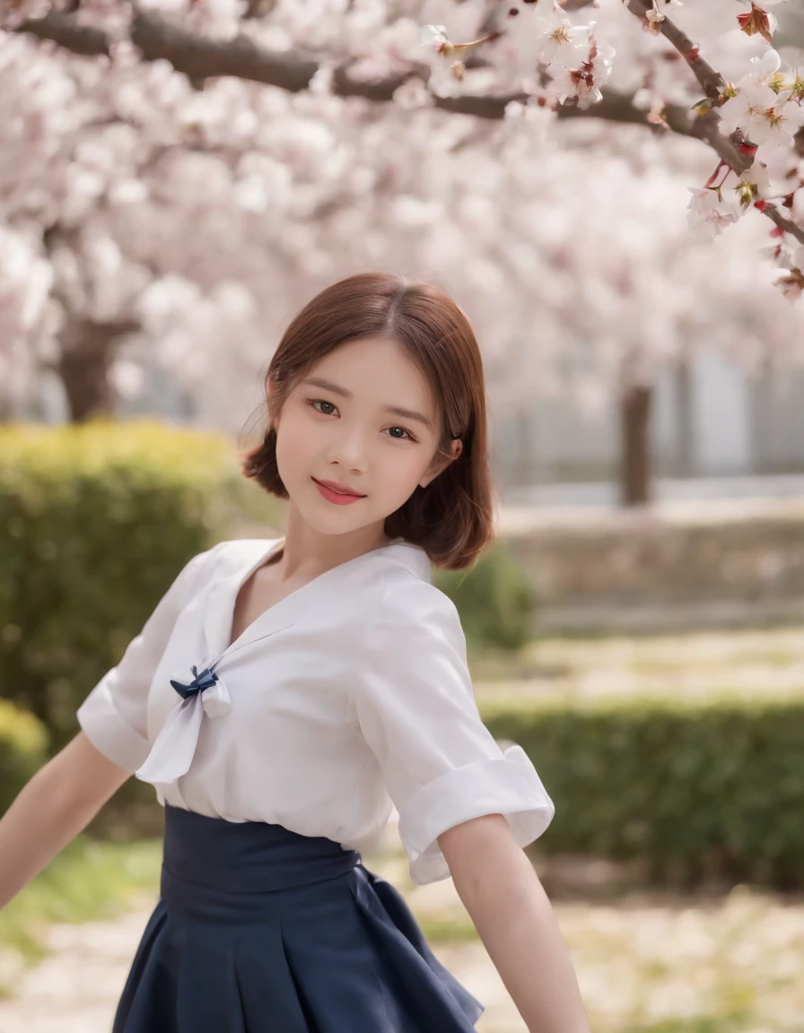 (teenage allure, 4K, high resolution, photo-realistic:1.3), 1girl wearing a Japanese school uniform，((japanese school shirt)), a sailor suit， short sleeves, White shirt，Dark blue pleated skirt,sailor collar, neckerchief, (neatly tied hair with a delicate ribbon:1.2), (bright eyes that exude youth and charm:1.2), standing in a schoolyard surrounded by cherry blossom trees, (gentle petals fluttering in the breeze:1.1), soft sunlight creating a warm ambiance, (subtle smile conveying innocence and allure:1.1), (Sony Alpha 6400 camera, ideal for capturing youthful charm:1.2), (paired with a Sony E 50mm f/1.8 OSS lens:1.2), (capturing her youthful charm with precision:1.1), (emphasizing the timeless beauty of a school setting:1.1), (highlighting her innocent yet alluring presence:1.1), (the image evoking a sense of youthful elegance and nostalgia:1.1)