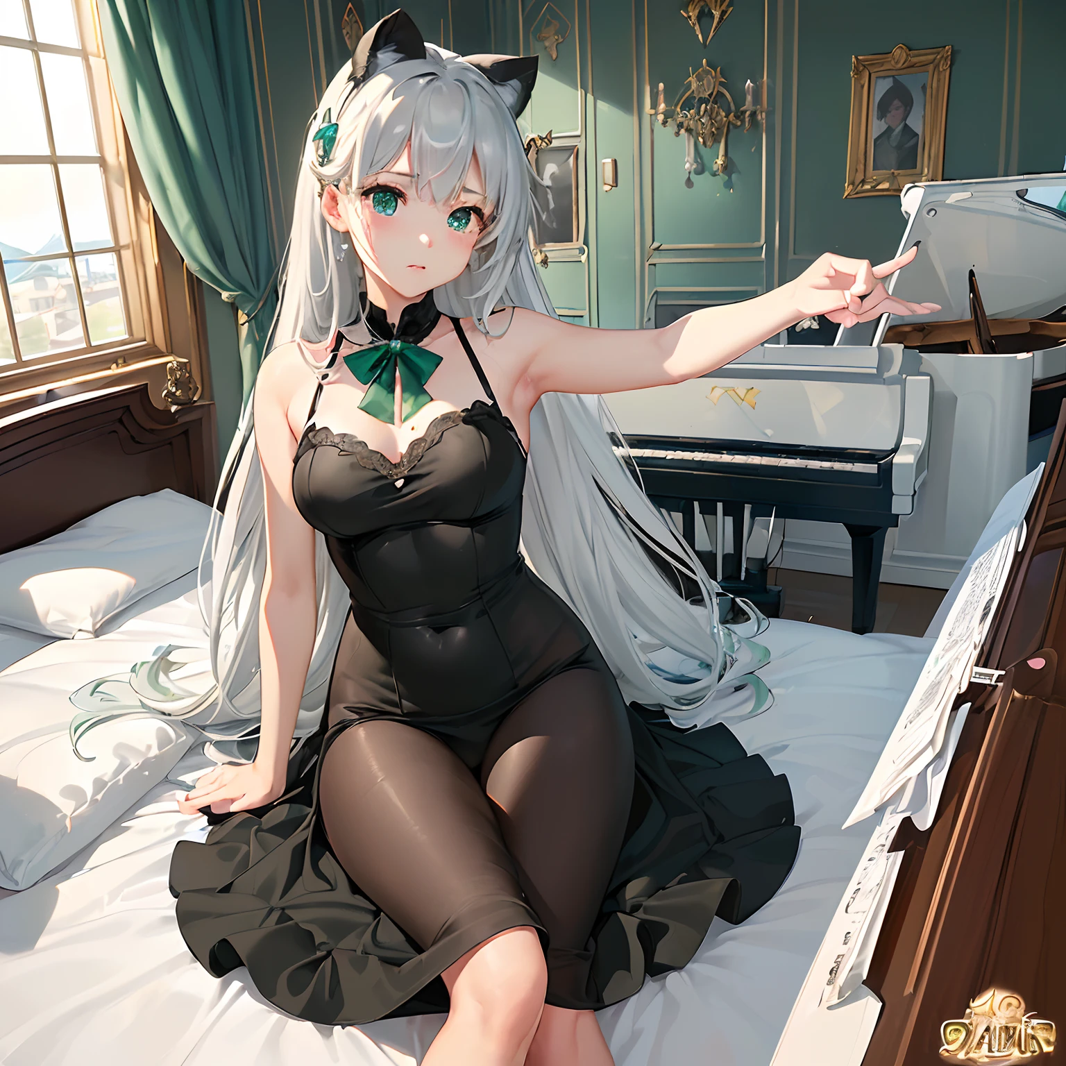 masterpiece、top-quality、High-quality images、8K、 ((Background with、Accurate perspective、line-drawing、Contour extraction、colourfull、Moderate shading、Medium omission:1.3)) ((Ana's Bedroom、Stylish bay window with sea view、Very bright lighting、On the wall4Photo、a bed、typical:1.3))((Music room at home with sea view、Piano instruction、lesson、Started training world-class pianists:1.2))announcer((anastasia、Graduated from the piano department of the College of Music、Piano Teacher、The goal is to train famous pianists、Good friends with students、Has the ability to manipulate the darkness of the mind at will、Have the ability to hear Leos' voices、When Leo is not present, You can sleep whenever you want.、pure、with light glowing、Little crybaby、Semi-long silver hair、Emerald green eyes、Slimed、Balanced proportions、Fashionable dresses selected in the costume room、Room makeover、lecture、Leo Advocacy:1.5))I am Leo、Test if Ana really likes the ocean、Of the following three:1Answer with the number of fingers you like、1.mare 2.Black underwear 3.Terribly erotic black underwear Look, answer me、Determine by the number of Ana's fingers、Everyone is expecting、Leo in particular is looking forward to it.、Who knows、1〜Which of the 3 would be、