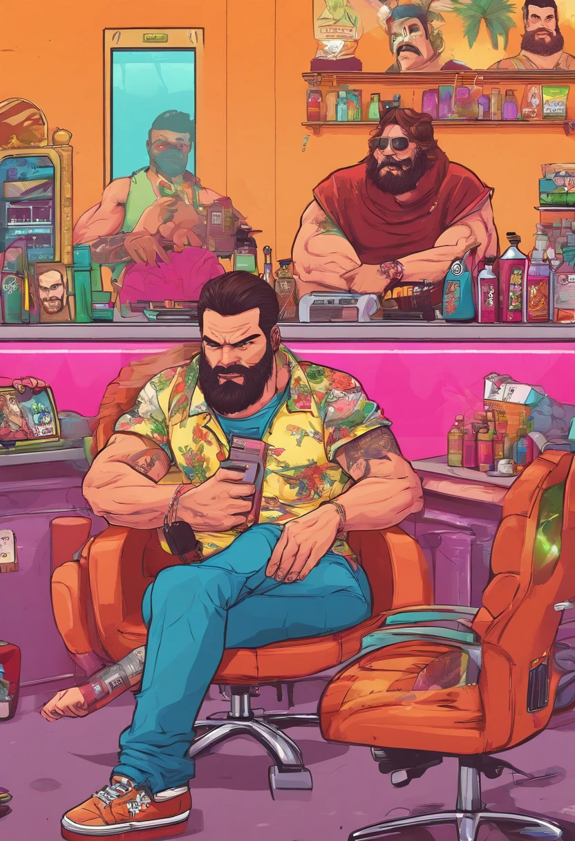 homem branco, olhando para frente, cabelo levemente grisalho, barba cheia e estilosa, sentado em cadeira de barbearia