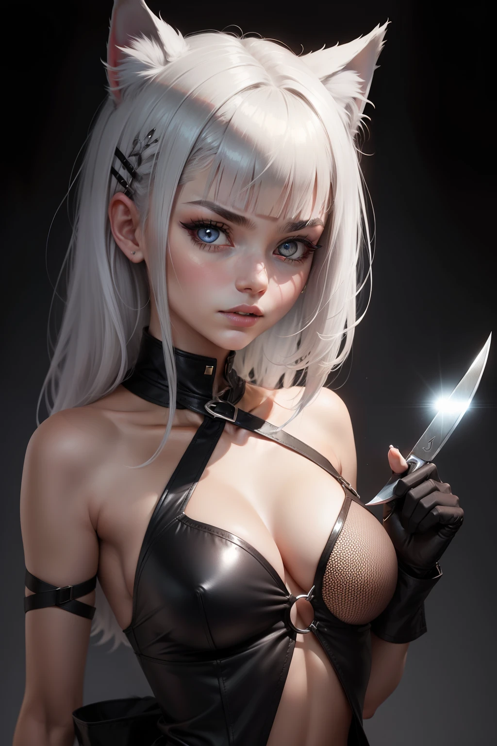 girl with odd eye Wolfcut silber hair Killer Holding a knife cat ear Increased exposure
