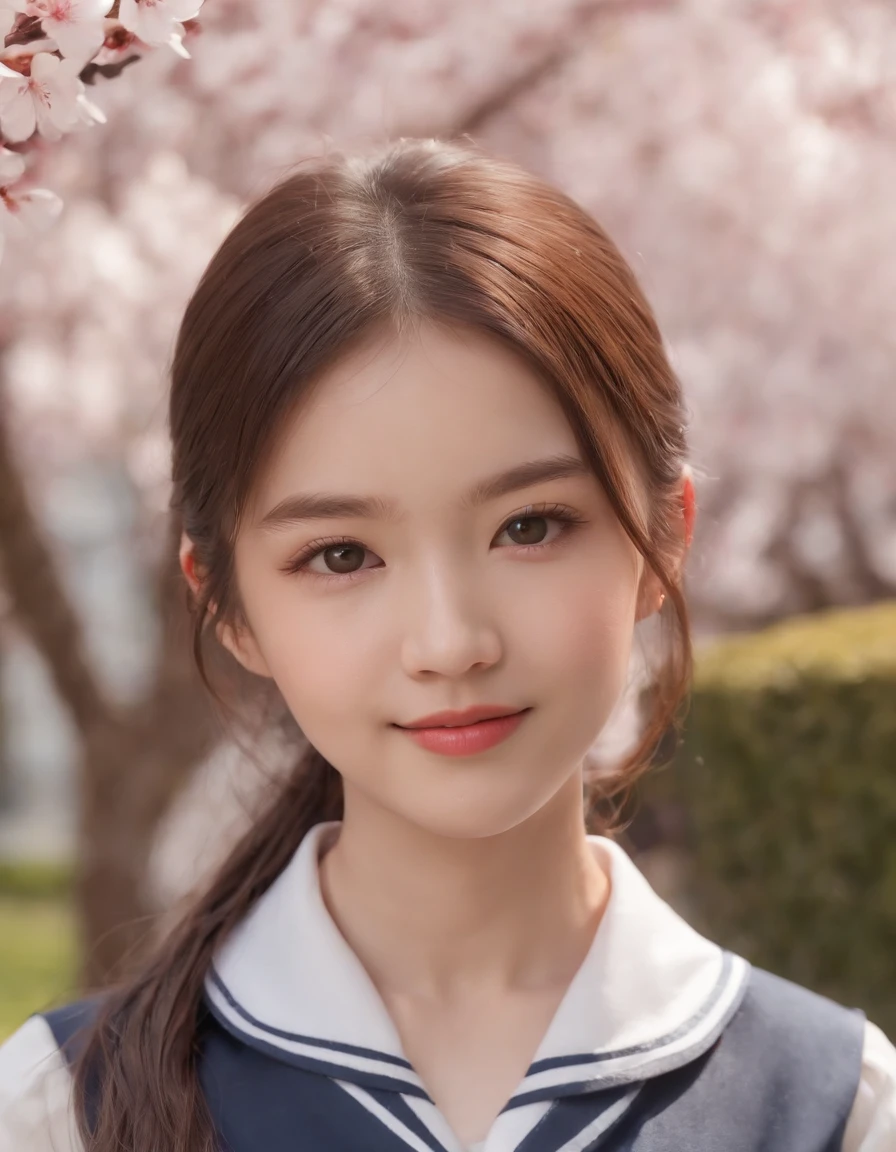 (teenage allure, 4K, high resolution, photo-realistic:1.3), 1girl wearing a Japanese school uniform，((japanese school shirt)), a sailor suit， short sleeves, White shirt，Dark blue pleated skirt,sailor collar, neckerchief, (neatly tied hair with a delicate ribbon:1.2), (bright eyes that exude youth and charm:1.2), standing in a schoolyard surrounded by cherry blossom trees, (gentle petals fluttering in the breeze:1.1), soft sunlight creating a warm ambiance, (subtle smile conveying innocence and allure:1.1), (Sony Alpha 6400 camera, ideal for capturing youthful charm:1.2), (paired with a Sony E 50mm f/1.8 OSS lens:1.2), (capturing her youthful charm with precision:1.1), (emphasizing the timeless beauty of a school setting:1.1), (highlighting her innocent yet alluring presence:1.1), (the image evoking a sense of youthful elegance and nostalgia:1.1)