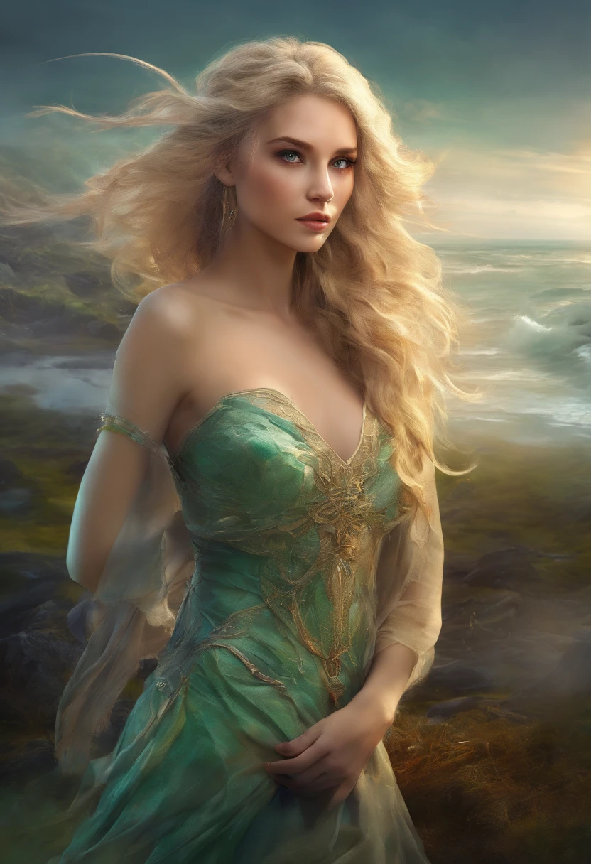 deepshadow, sinister, an award winning photograph, Best quality, Masterpiece, Upper body, woman, Freckled face, Blonde hair blown by the wind, Emerald eyes, Jeremy Lipkin's modern strapless dress, author:Antonio J. Manzanedo, author:Lee Jeffries Nikon D850 Film Stock Photo 4 Kodaport 400 Camera F1.6 Photos Rich colors Ultra-realistic textures Dramatic lighting Unreal Engine Trends Art Station Movie Stills 800, fisheyelens, Style-Kilt, Windy beach, Scottish lakes, forest