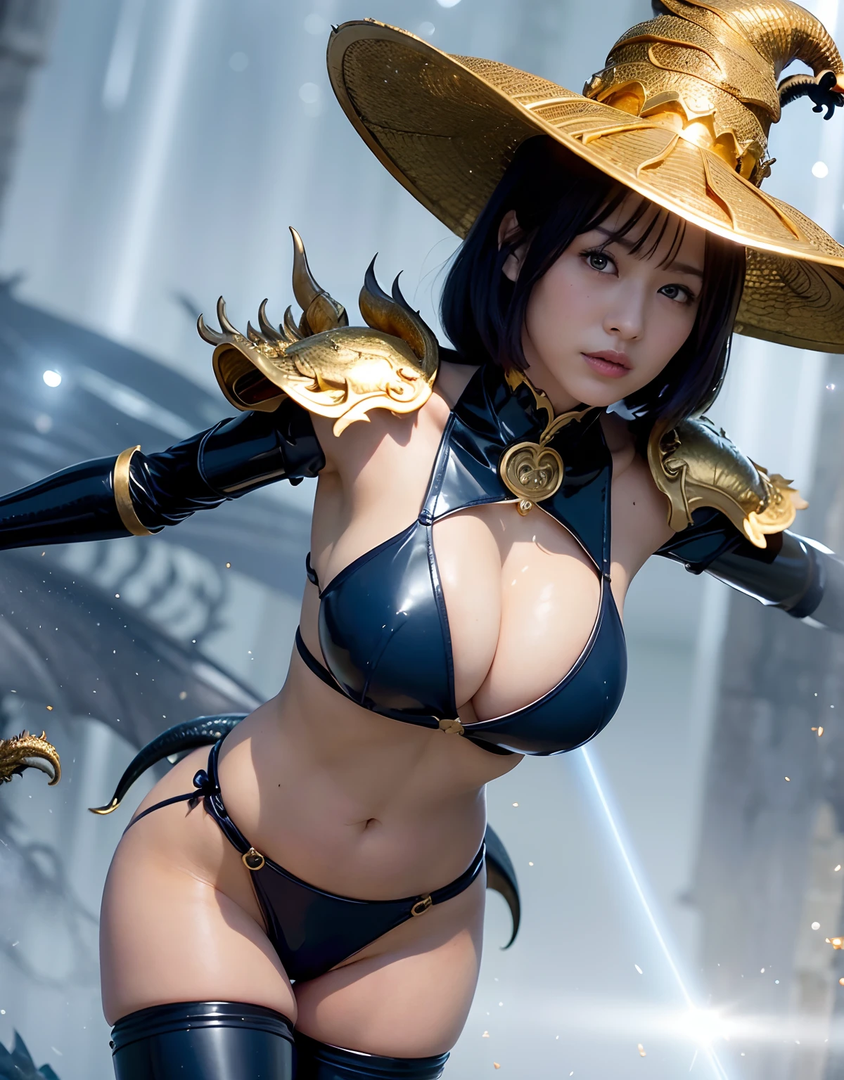 ((World of Darkness)),Professional , masterpiece、top-quality、photos realistic , depth of fields 、(((Fight dragons))),(Dragon Black Metal Body:1.9),(Latex Blue、(cleavage of the breast),(Fight dragons)、、(((Particles of light))),(Micro Bikini Armor:1.7),Gorgeous gold weapons ,(Fight dragons)、Seductive look、The face of the dragon is out、(blood splattere、Armpit、((((With a magic wand))), ) , (((Wearing a black latex wizard hat))),(demonic wings) ,((a blond))、(Castle background)、((Gangle's forest background))、Beautiful Caucasian beauty、1a person、Armpit、dynamic ungle,(((Detailed Gold Dragon Wizard Hat)))、Smaller head、A smile、Castle background、Thin and beautiful female hands、cleavage of the breast、Soldier in iron armor on background、Mystical expression、Light Effects、intense fighting、Wind-effect、magic circles、With the legendary magic wand、Dragon's tail、explosions、Toostock、Toostock、(Beautuful Women),