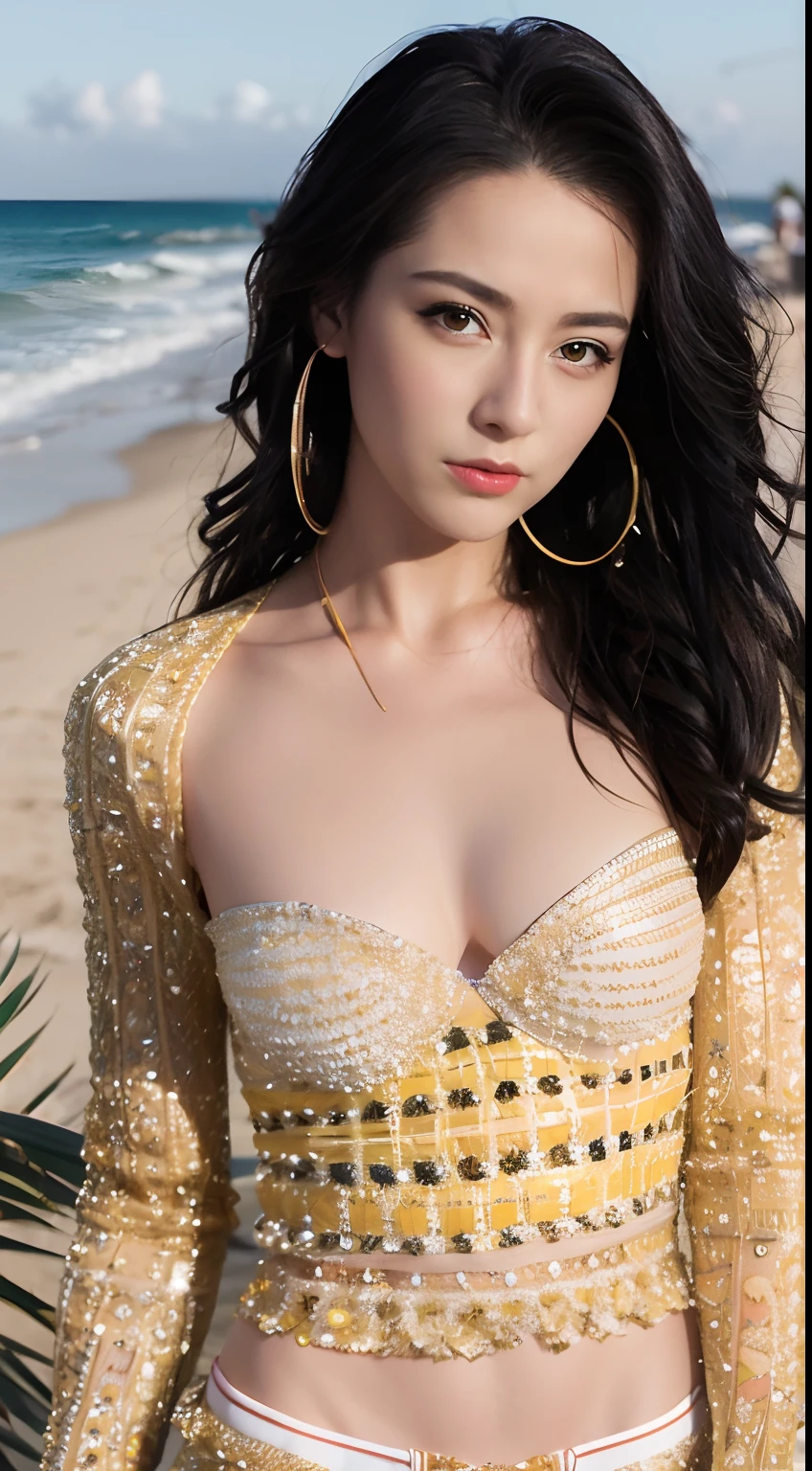 1girll, reba, Solo, beachside,the setting sun,sandbeach,Personalized swimwear,sexyposture,Highest image quality,artificial lights