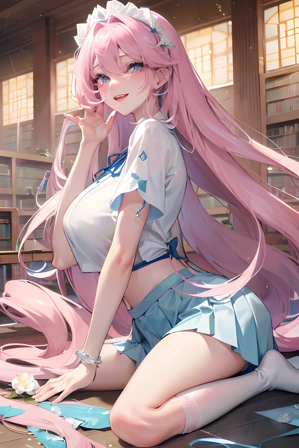 Official fine art，tmasterpiece，Sharp focus，（Beautiful gorgeous lovely Korean women：1.3），（beautiful lovely Korean people：1.3），South Korean beauties，Delicate and beautiful hair and eyes and face，realisticlying，ultra - detailed，a beauty girl，Glowing white particles,(sidelighting:1.2)，Slender,Cute big breasts and big buttocks,Toothy laughter,((Laugh and open your eyes)),scenecy,Long straight hair, sexy facial expression, Dynamic hair, Long straight hair, Delicate platinum-pink hair, glow blue eyes, (blue pleated shirt+white  skirt), long white socks, paleskin, hair adornments, Official fine art，tmasterpiece，Sharp focus，(best qualtiy, 8K, tmasterpiece:1.3，Delicate and beautiful hair and eyes and face，realisticlying，ultra - detailed，a beauty girl, Focus:1.2, Perfect figure sitting on bed:1.4,White shirt，a black pleated skirt，Raise your legs high，White knee-length socks，legs are open，Foot elevation，Realistic details，Black color hair，female high-school student，Lori huge breasts cleavage，pantyless，Lower body visible