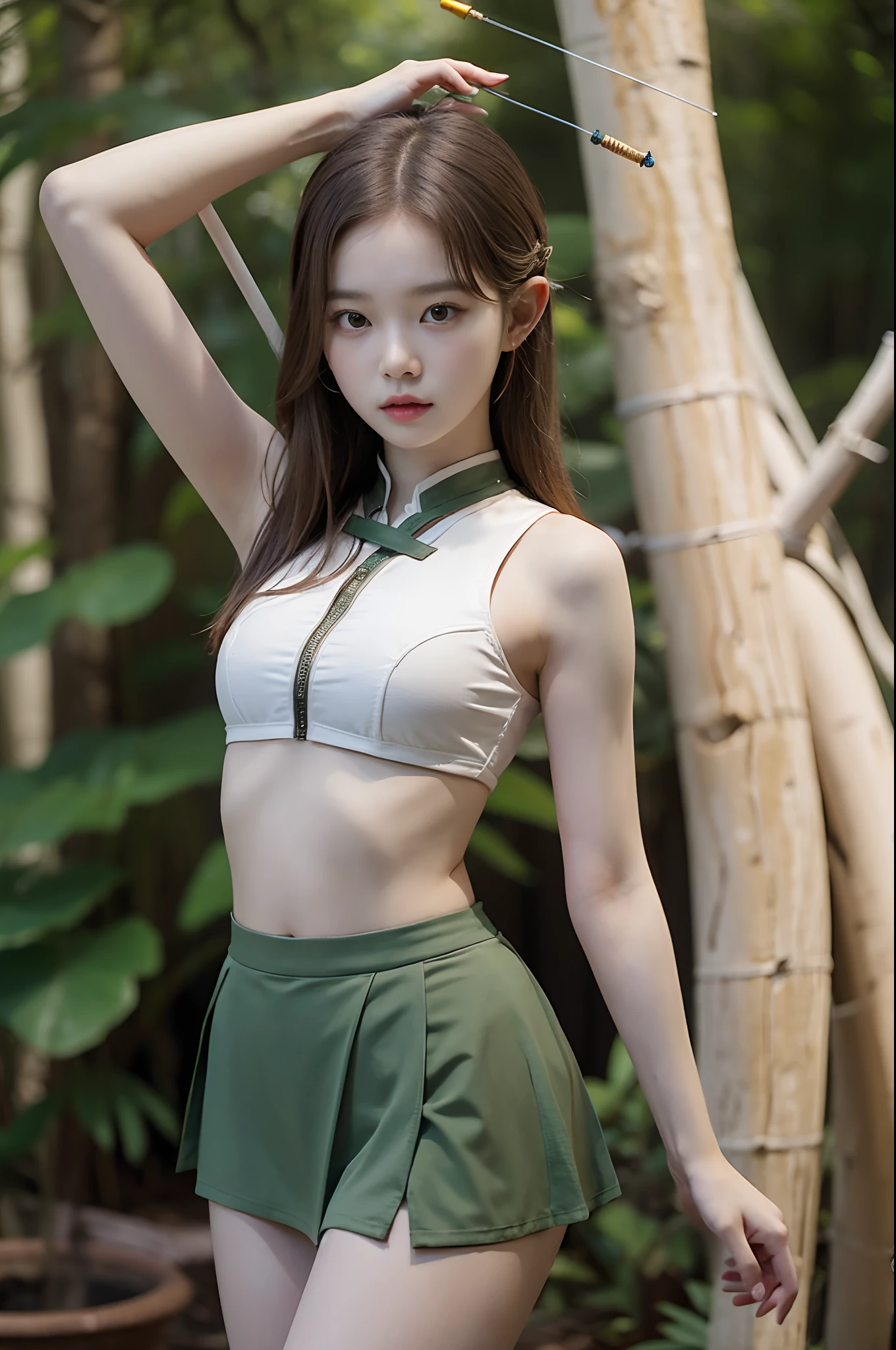 1 girl, full body view, kim chaewon as a sexy elf archer, kim chaewon in a fantasy forest, kim chaewon is a petite young archer girl, kim chaewon, petite girl, small breast, petite figure, long hair, sexy archer suit, tight short skirt, exposed, midriff exposed, small tits, ((thin-waist)), a small face