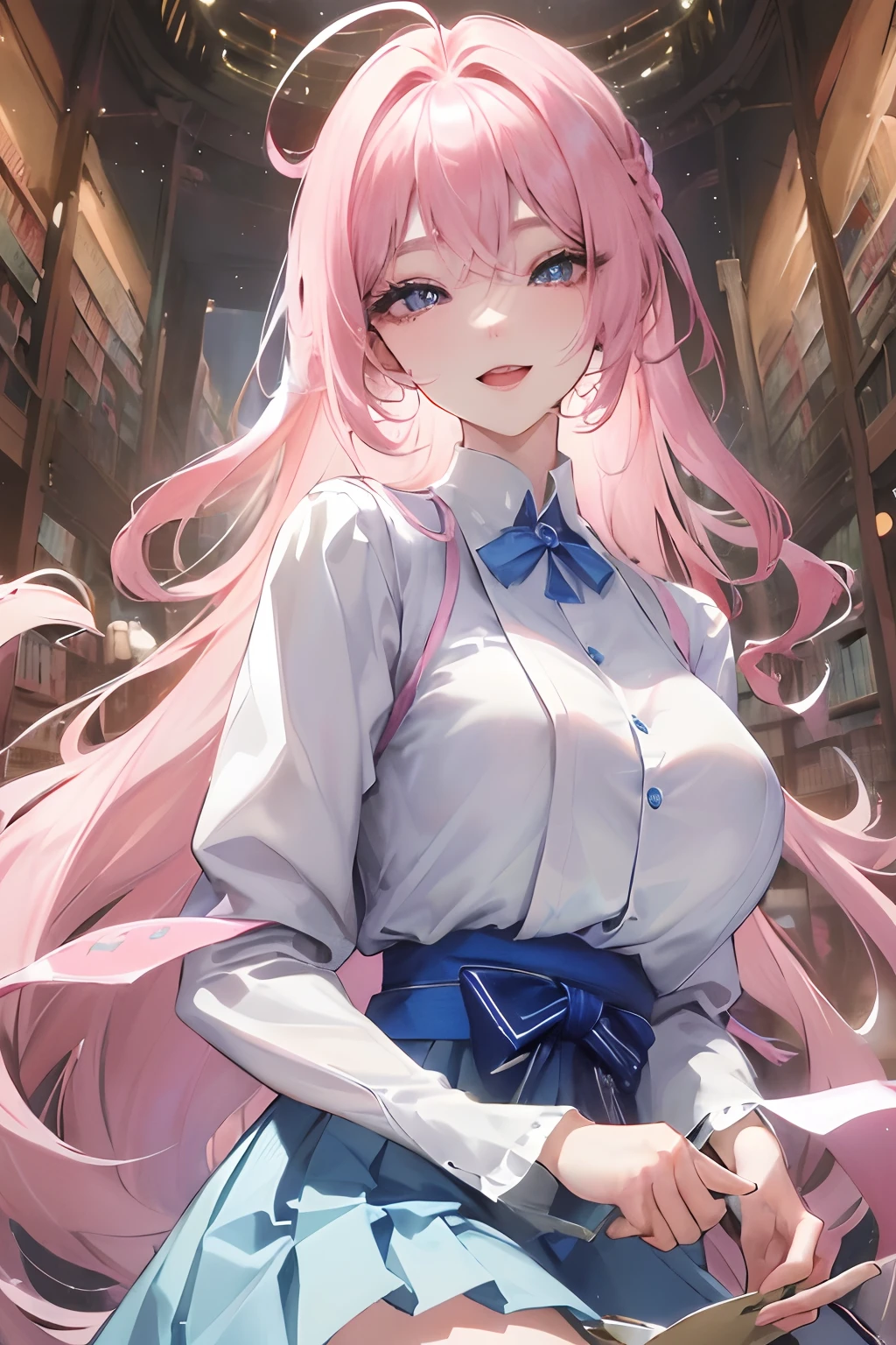 Official Art, masterpiece, Sharp Focus, (Beautiful gorgeous cute korean woman:1.3), (Beautiful cute korean woman:1.3), Korean beauty, Delicate Beautiful Hair and Eyes and Face, realisitic, ultra-detailliert, a beauty girl, Glow white particles, (side lights:1.2), A slender, big butts, Show your teeth and smile, ((Smile with your eyes, open both eyes)), scenic, long straight hair、sexy facial expression、Dynamic hair、long straight hair、Detailed platinum pink hair、glowingblueeyes、(Blue Pleated Shirt + white skirt)、White Long Socks、de pele branca、hair adornments、atlibrary、huge tit