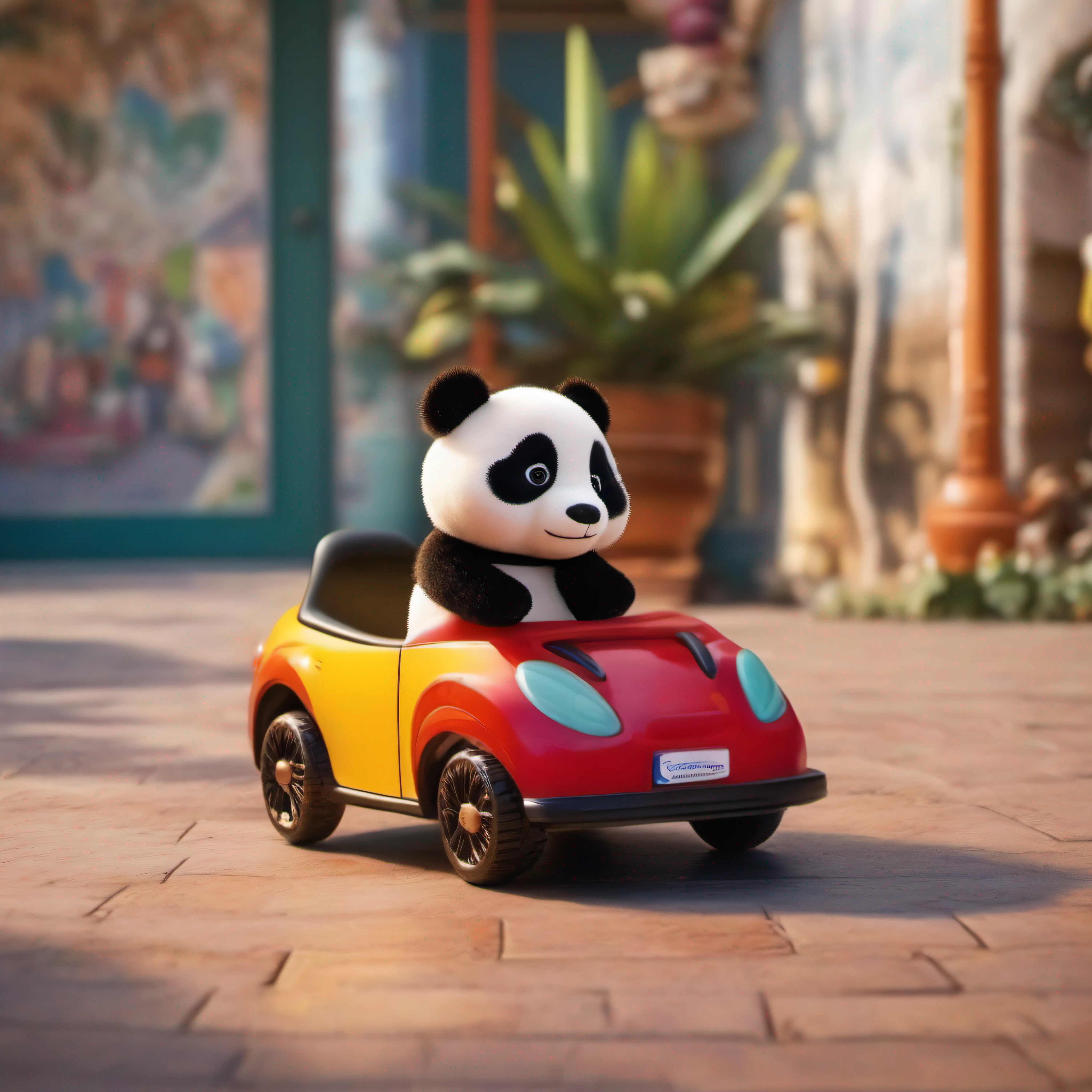 Baby panda,Sit on a car toy,Fundo sala de estar,Toys for children nearby,Disney style,wide wide shot,8K