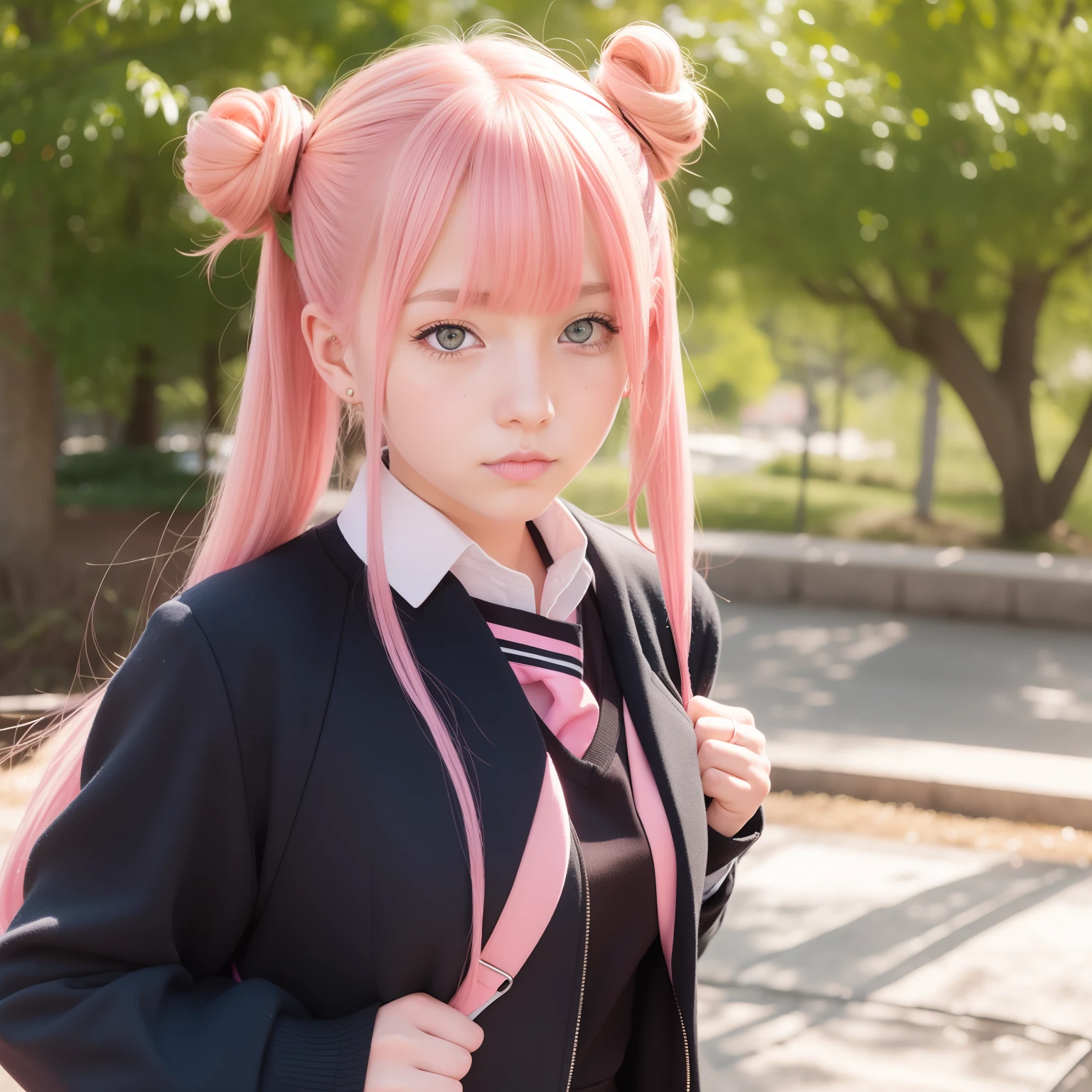 Yellow eyes, pink hair with buns, school uniform, kitsune features