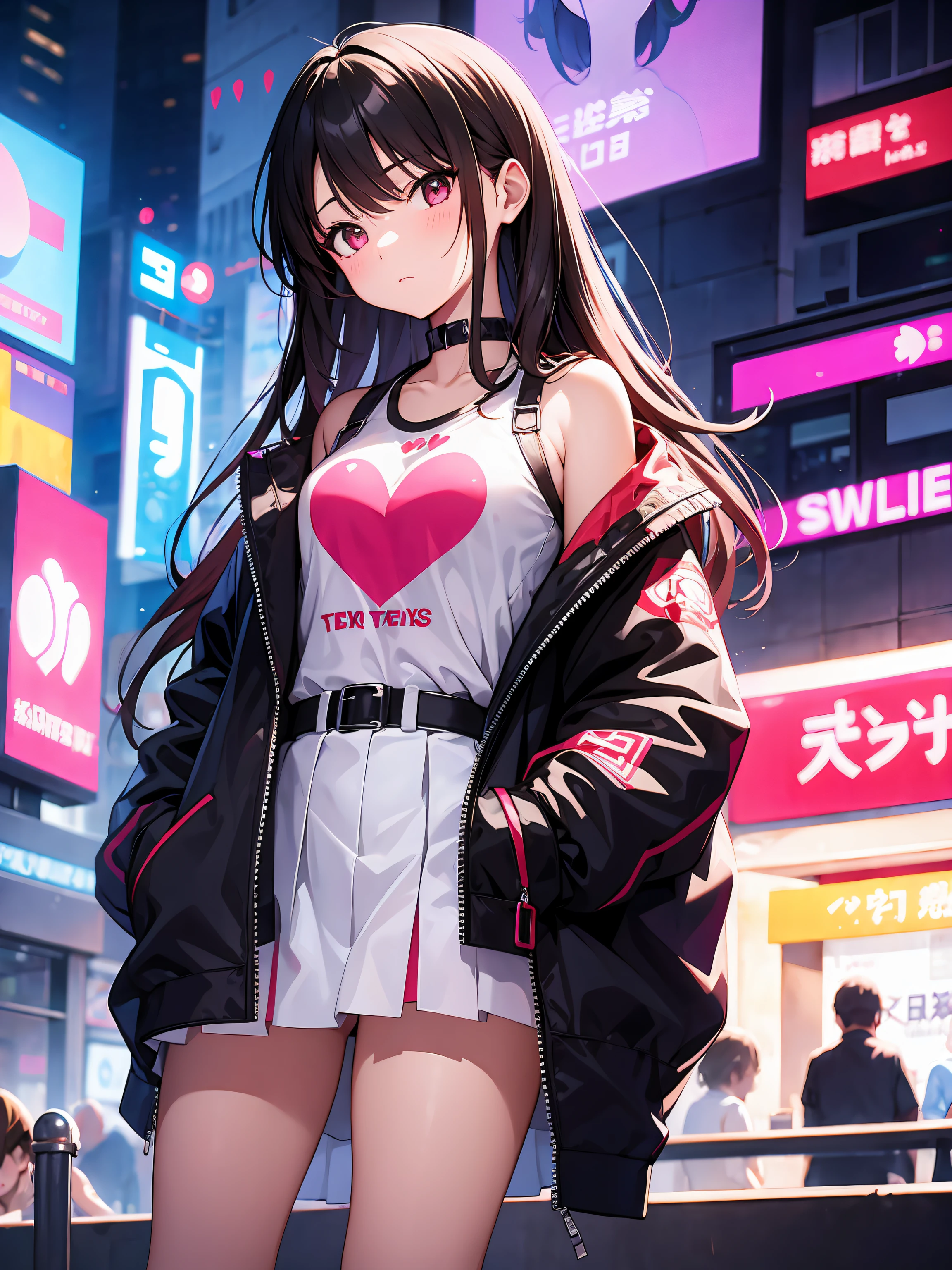 Girl wearing holographic costume shirt with red heart print and white skirt in the cyberpunk city hide her hands in pockets