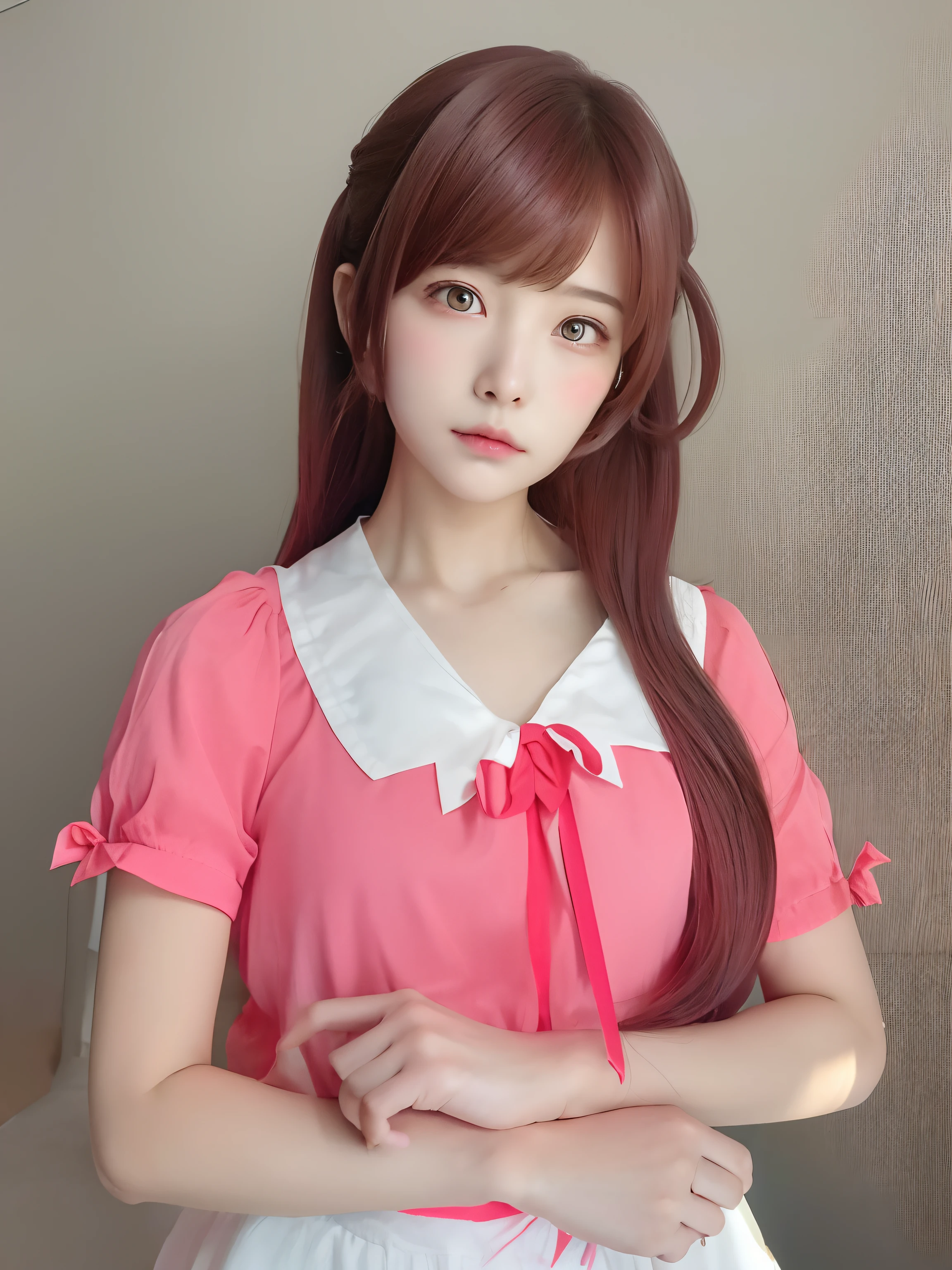 There is a woman wearing a pink shirt and taking a picture, Anime girl cosplay, real life anime girl, Anime Cosplay, Ayaka Cosplay, pink twintail hair and cyan eyes, sakimichan, Belle Delphine, realistic young anime girl, charming anime girls, sakimichan, pretty anime girl, anime thai girl, young anime girl