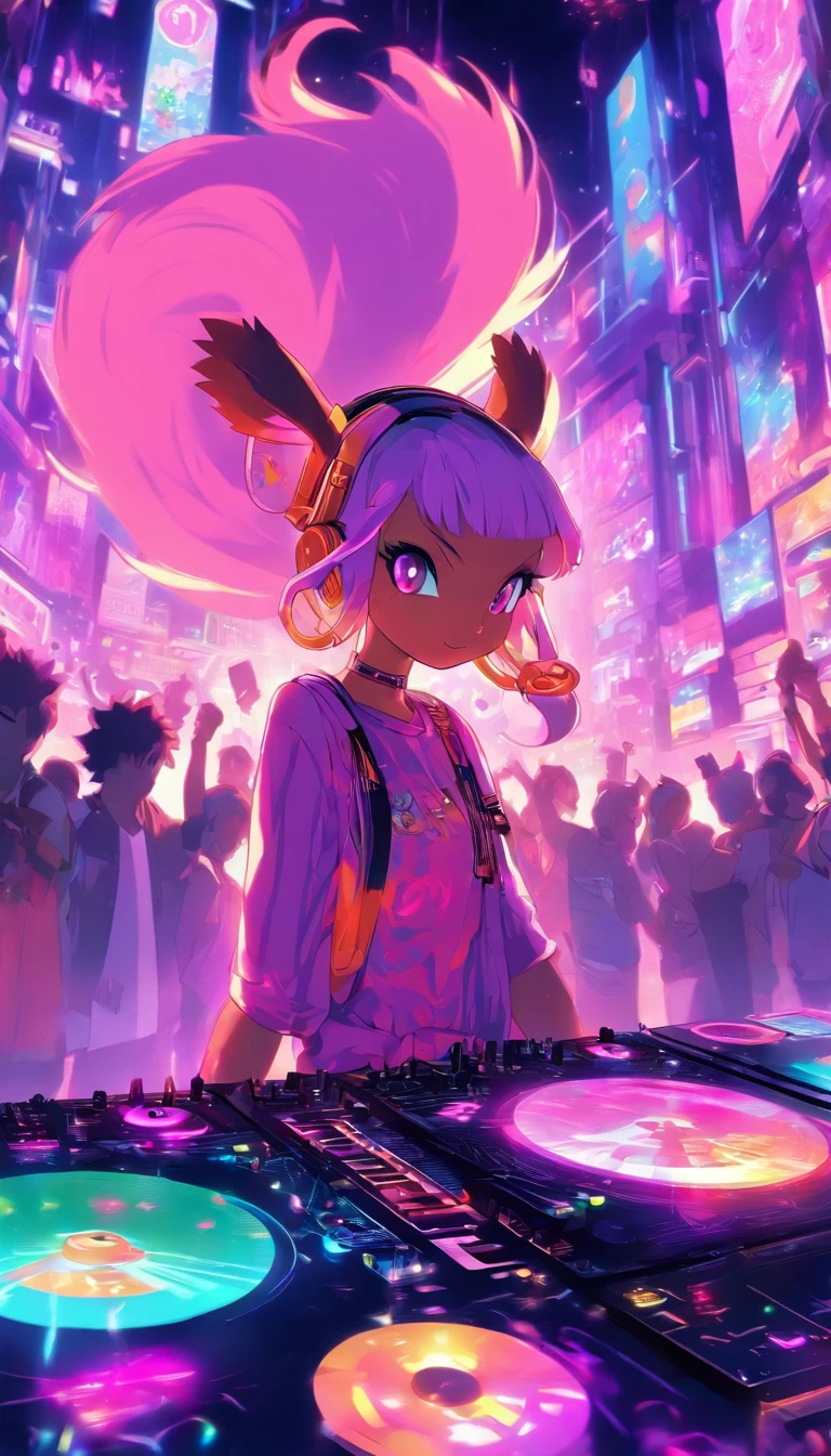 Upper body, squirrel DJ, Look at the crowd，Tattooed with，purple eyes，White hair，overalls, Quirky, Vibrant appearance, Playful accessories, Bright colors，Creative behavior, Rambled, Sensual, Spontaneous, DJ headphones, ((Mixing Console)), glitchpunk girl, raver girl,Music Clubs, night club, Independent cinema, People dancing on dance floor background, Underground danceclub, Underground danceclub，night club, Highest quality, Skin texture, Intricate details, (Cinematic lighting), RAW photo, 8K，Psychedelic surrealist art，Surrealist psychedelic design，dream art style，Illusion psychedelic art， Colorful dark vectors,