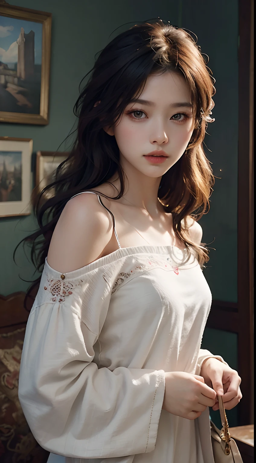 (RAW photo, Best quality), (Realistic, photo-realistic:1.3), Best quality, Highly detailed, Masterpiece, Ultra-detailed, illustration, 1girll, The upper part of the body_, Dynamic Angle, world mastery theater, Messy_Long_Hair,Best quality, extremely detailed CG unity 8k壁纸,ink,astounding,电影灯光,lens_flare,Background living room,(pyjamas),((full bodyesbian)),clothes showing shoulders,(full bodyesbian)