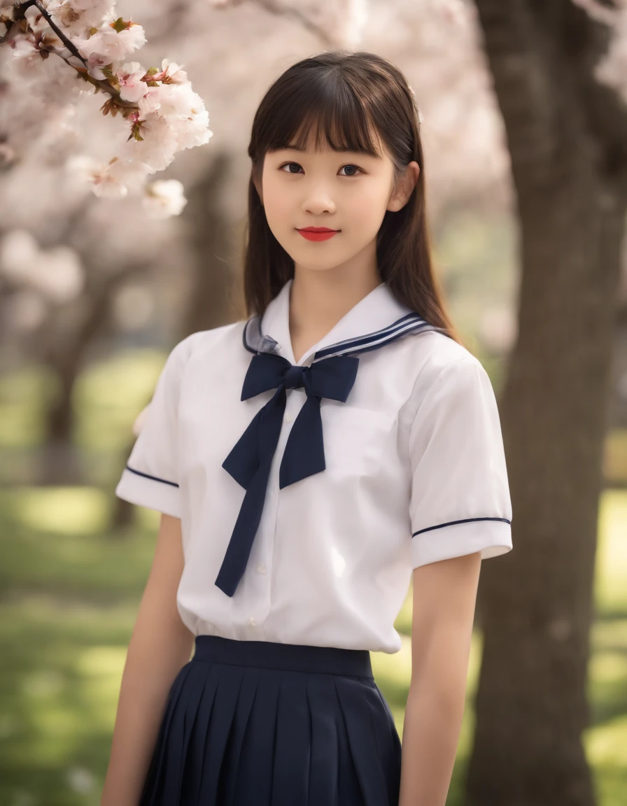 (teenage allure, 4K, high resolution, photo-realistic:1.3), 1girl wearing a Japanese school uniform,((japanese school shirt)), a sailor suit, short sleeves, White shirt,Dark blue pleated skirt,sailor collar, neckerchief, (neatly tied hair with a delicate ribbon:1.2), (bright eyes that exude youth and charm:1.2), standing in a schoolyard surrounded by cherry blossom trees, (gentle petals fluttering in the breeze:1.1), soft sunlight creating a warm ambiance, (subtle smile conveying innocence and allure:1.1), (Sony Alpha 6400 camera, ideal for capturing youthful charm:1.2), (paired with a Sony E 50mm f/1.8 OSS lens:1.2), (capturing her youthful charm with precision:1.1), (emphasizing the timeless beauty of a school setting:1.1), (highlighting her innocent yet alluring presence:1.1), (the image evoking a sense of youthful elegance and nostalgia:1.1)