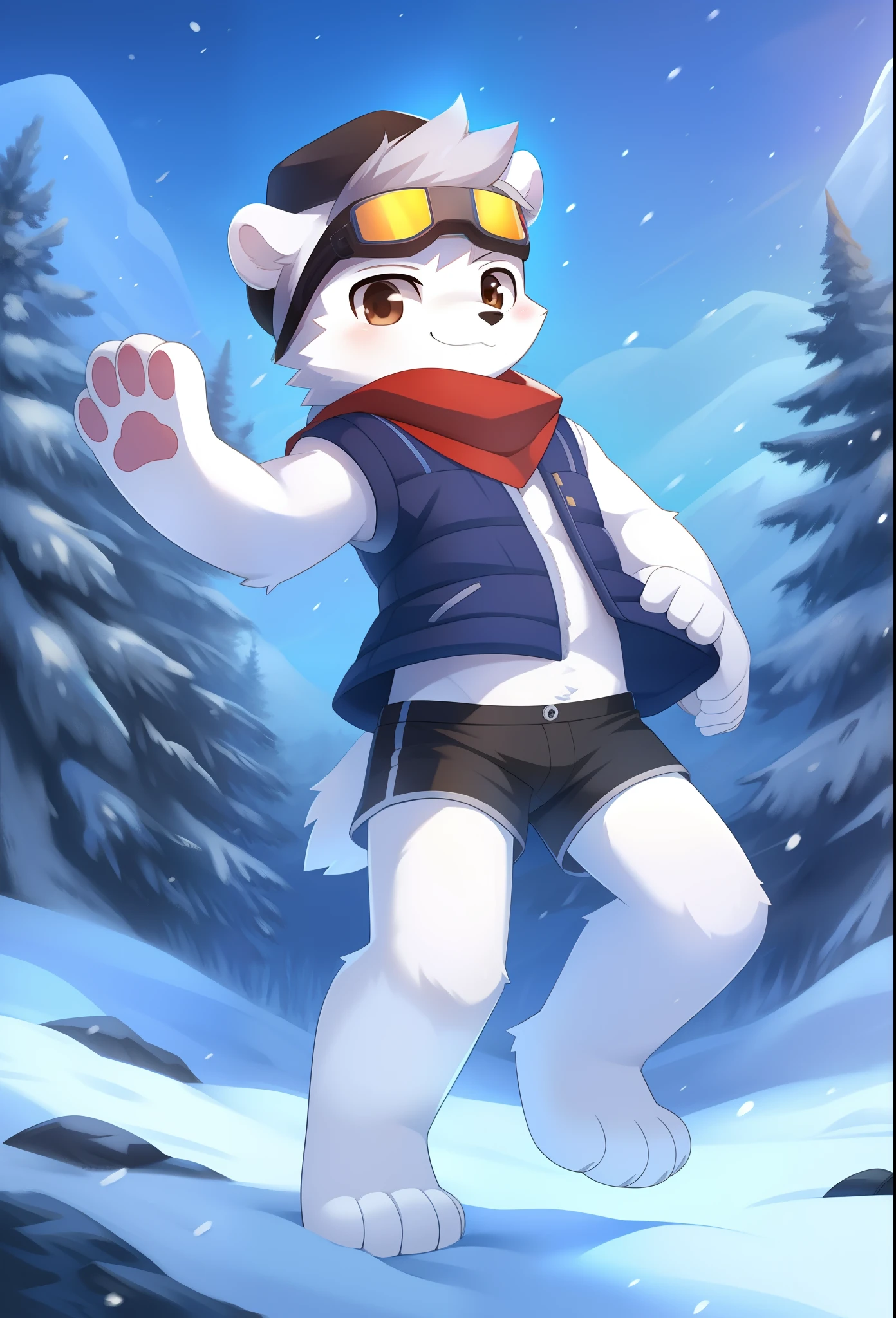 Furry shota, young, polar bear, grey hair, spiky hair, spiky short detailed body fur, brown eyes, winter blue vest, open clothes, black trunks, hat with earflaps, snow goggles, masterpiece, looking at you, white body fur, detailed face, big eyebrows, detailed eyes, detailed body, no muscles, snow forest, snow rain, clear sky, detailed hands, flat body, glistering body, shiny body, skinny, spectacular effects, sassy face, :3, paws whit three toes, full body,