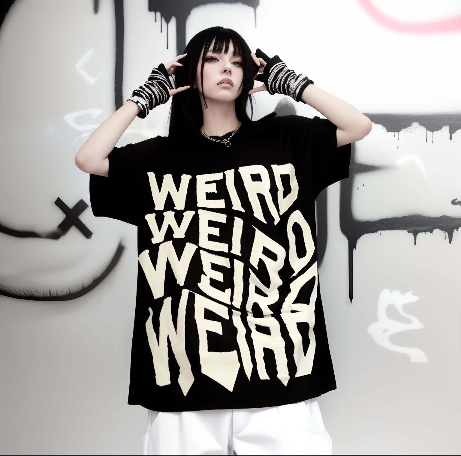 arafed woman in a black shirt with a white writing on it, weird fashion, weird, costume weird, weird stylish avant garde epic, lets get weird, weirdcore, wearing cyberpunk streetwear, costume weird creepy, magical weird, funny and weird, weird art, with pop punk style, she is wearing streetwear, die antwoord style wear, cyberpunk streetwear