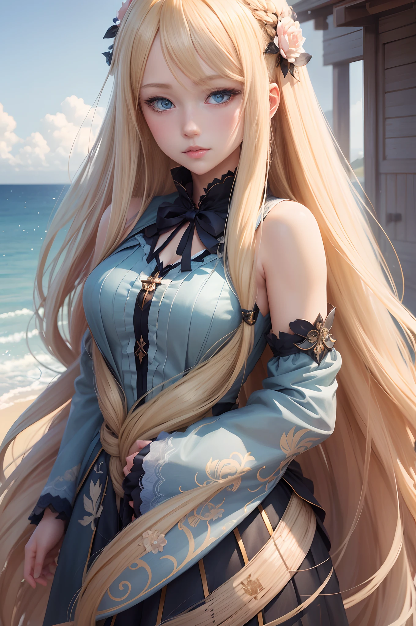 a woman with long blonde hair and blue eyes standing in front of the ocean, beautiful anime portrait, blonde anime girl with long hair, detailed portrait of anime girl, stunning anime face portrait, detailed digital anime art, anime girl with long hair, artwork in the style of guweiz, portrait anime girl, anime visual of a cute girl, beautiful anime face
