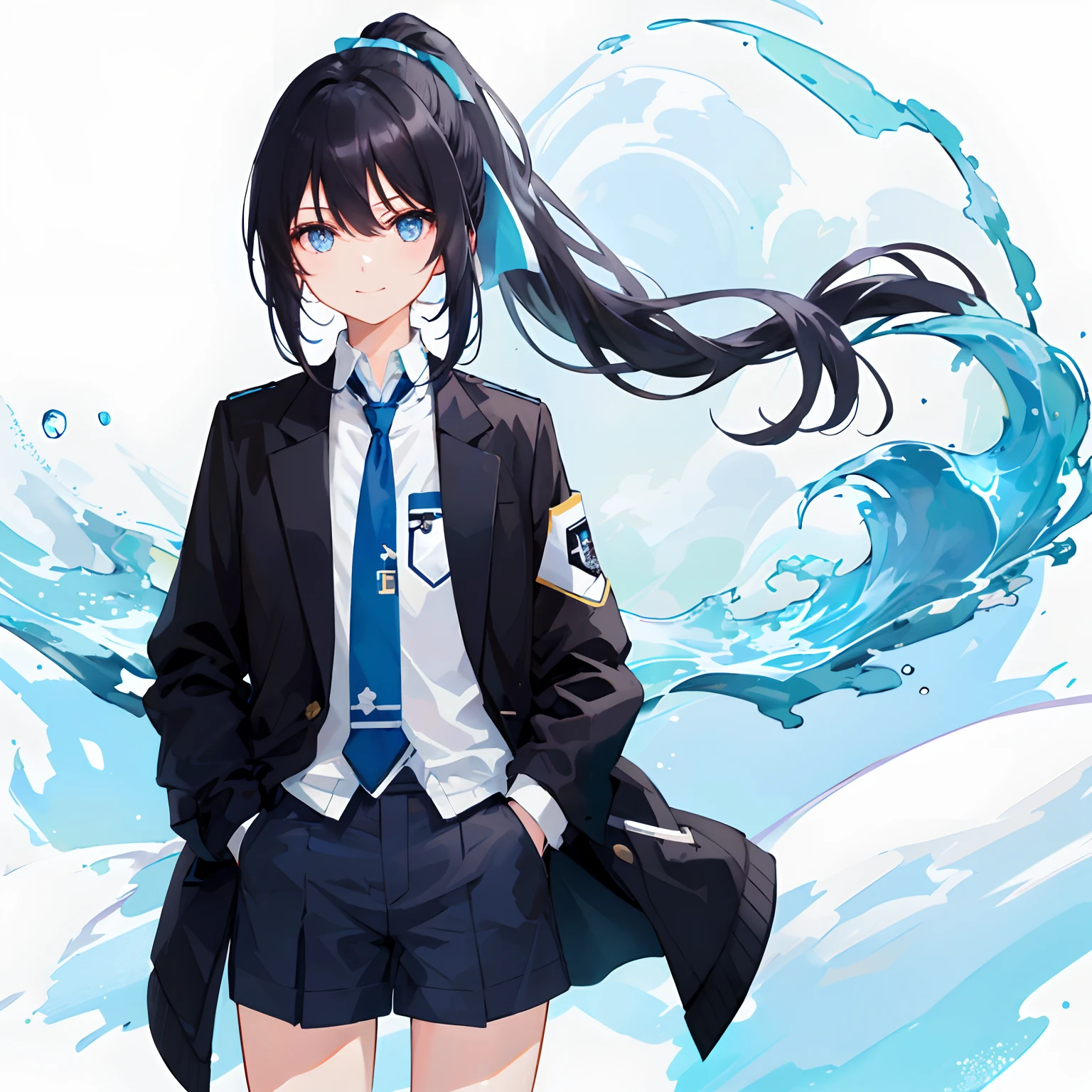 ((top-quality)), ((masterpiece)), ((ultra-detailliert)), (extremely delicate and beautiful), girl with, 独奏, cold attitude,((Black jacket)),She is very(relax)with the(Settled down)Looks,A dark-haired, depth of fields,evil smile,Bubble, under the water, Air bubble,bright light blue eyes,Inner color with black hair and light blue tips,Cold background,Bob Hair - Linear Art, shortpants、knee high socks、White uniform like school uniform、Light blue ribbon ties、Clothes are sheer、Hands in pockets、Ponytail hair、