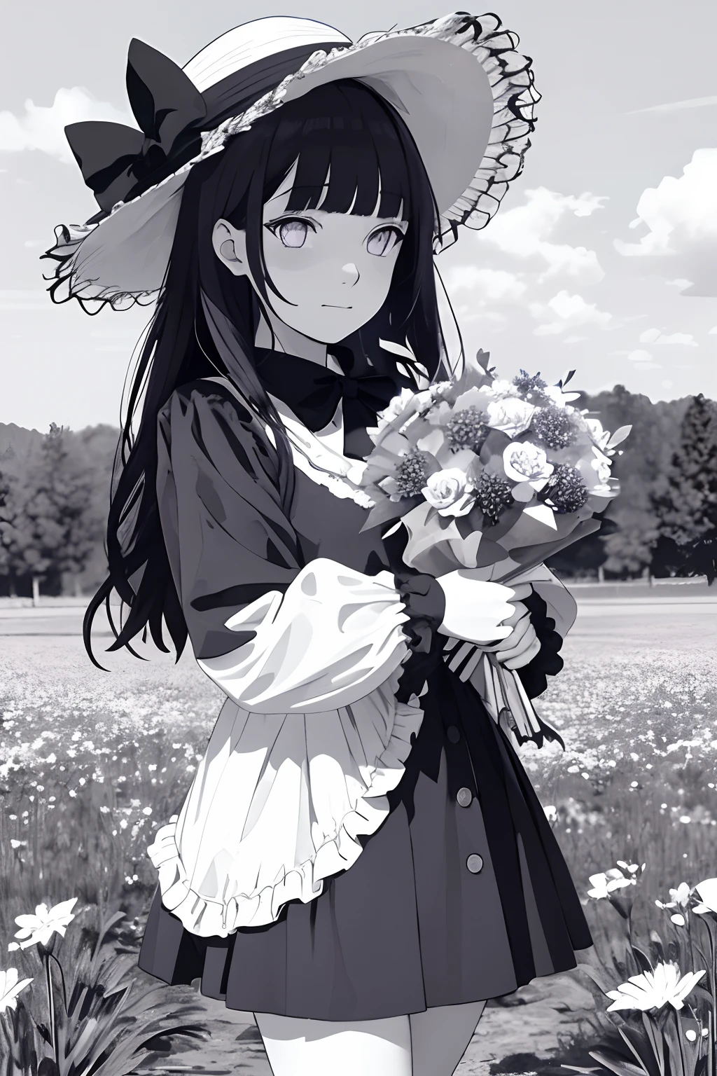 masterpiece, best quality, 1girl, solo, long_hair, looking_at_viewer, Blunt Bangs, purple eyes, dark blue hair, skirt, shirt, long_sleeves, hat, dress, bow, holding, closed_mouth, flower, frills, hair_flower, petals, bouquet, holding_flower, center_frills, bonnet, holding_bouquet, flower field, flower field, lineart