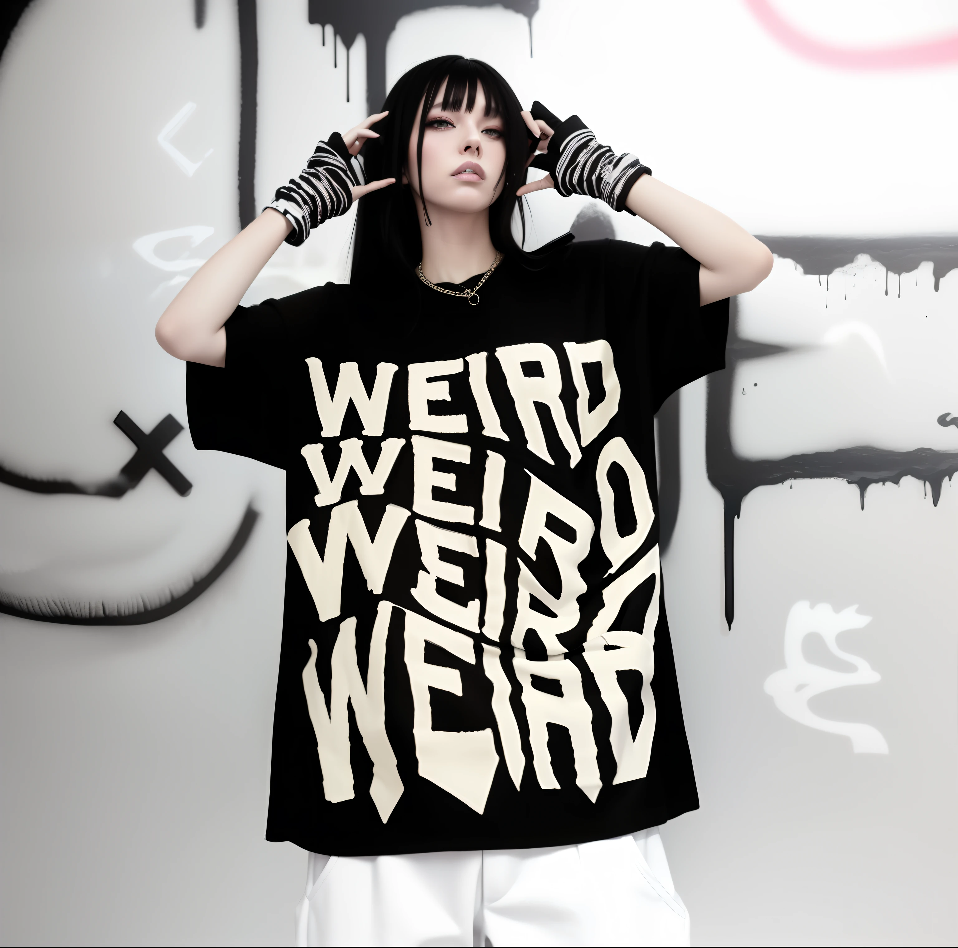 arafed woman in a black shirt with a white writing on it, weird fashion, weird, costume weird, weird stylish avant garde epic, lets get weird, weirdcore, wearing cyberpunk streetwear, costume weird creepy, magical weird, funny and weird, weird art, with pop punk style, she is wearing streetwear, die antwoord style wear, cyberpunk streetwear