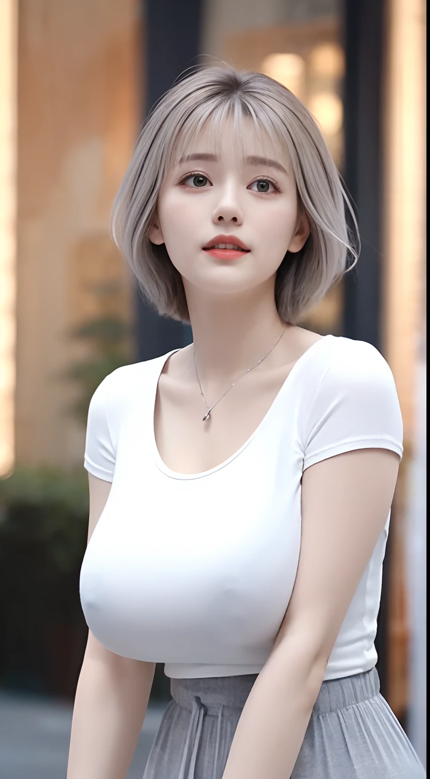 (RAW photo, Best quality), (Realistic, photo-realistic:1.3), Masterpiece, An extremely delicate and beautiful, Extremely detailed, CG, Unity , 2k wallpaper, Amazing, finedetail, Light smile, Extremely detailed Cg Unity 8K wallpaper, hugefilesize, Ultra-detailed, A high resolution, absurderes, Soft light, (((Short hair:1.3), short length bangs, Silver hair, Floating hair NovaFrogStyle)), Beautiful detailed girl, Detailed fingers, Extremely detailed eyes and face, Beautiful detailed nose, Beautiful detailed eyes, Long eyelashes, light in face, view the viewer, (Closed mouth:1.2), 1girll, Cute, Young, Mature face, (full bodyesbian:1.3), (Medium breasts), Realistic face, Realistic body, Beautiful detailed thighs, (ulzang-6500-v1.1:0.8), clothes