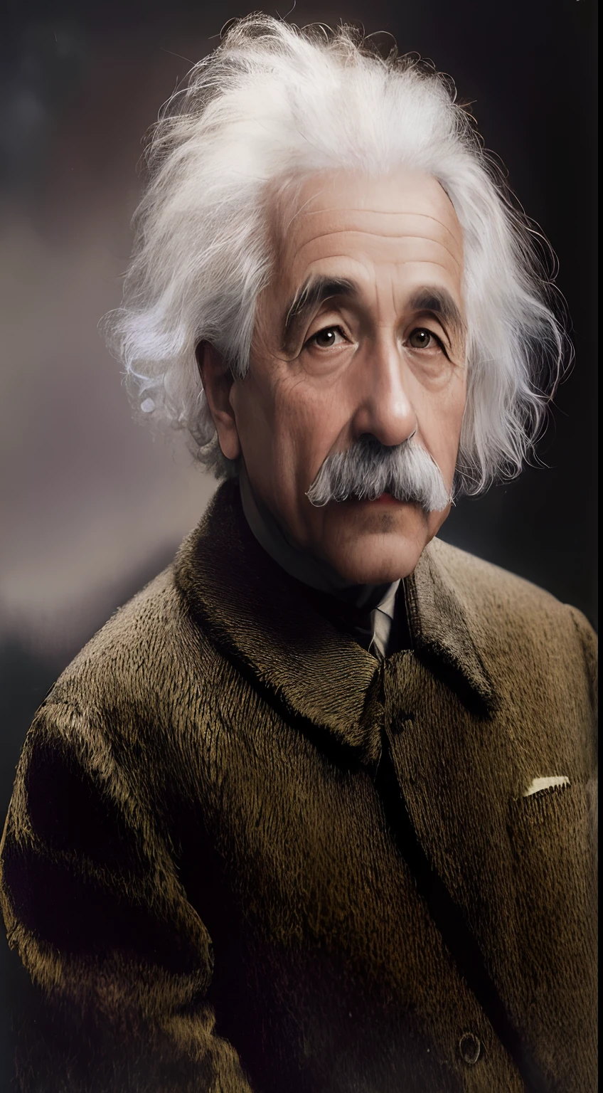 a close up of a person with a mustache and a jacket, portrait of albert einstein, albert einstein, portrait of einstein, einstein, albert einstein as a teenager, a colorized photo, intelligent man, very known photo, colorized, colorized photon, portrait shot, colorized photograph, mark twain, colorized photo, photo portrait, an amazing photo, genius, very famous photo