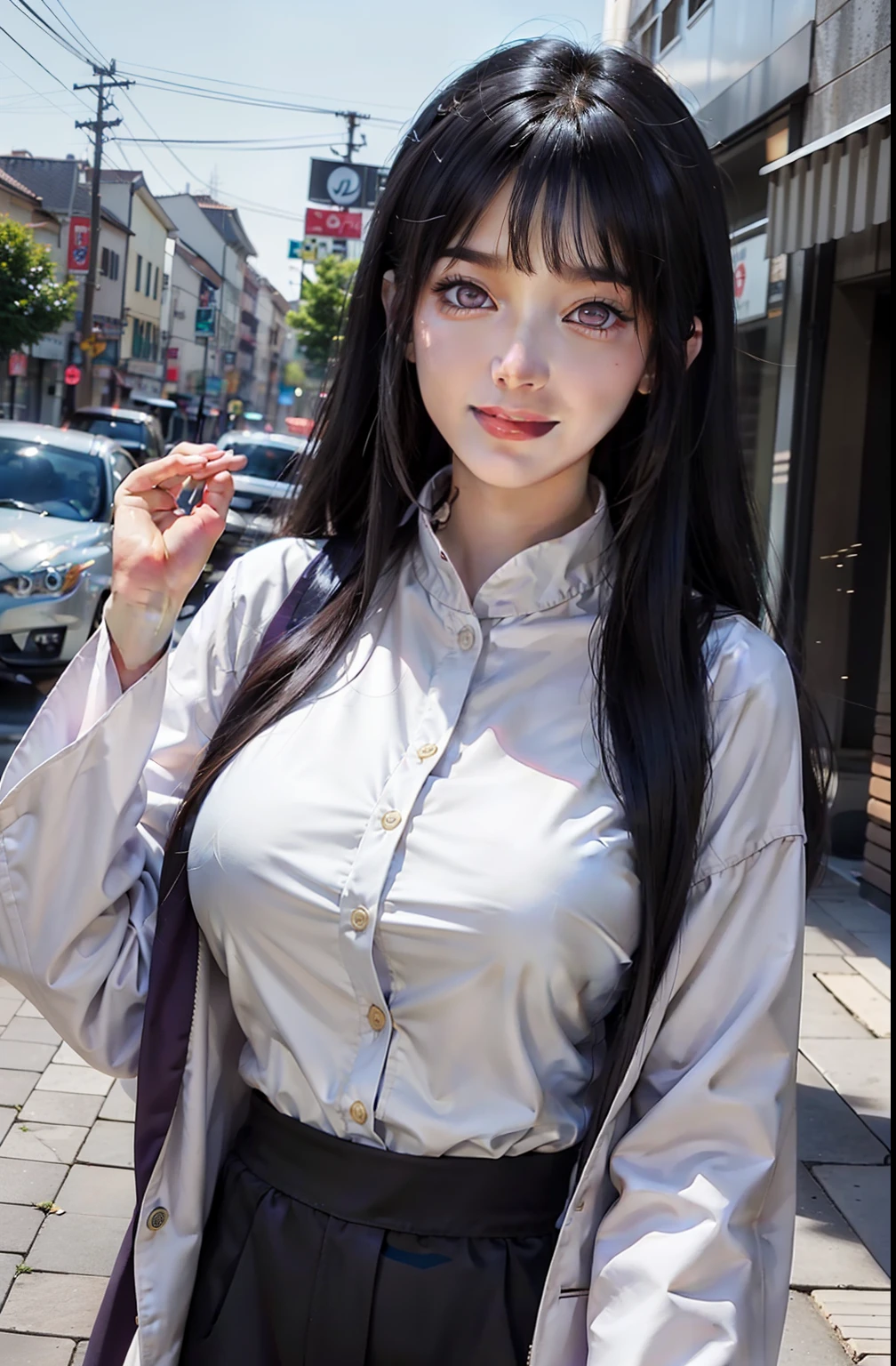 1girl, hyuga hinata in anime naruto, long hair, black hair, white eyes, smile, beautiful, purple clothes, very big breast, realistic clothes, detail clothes, outdoor background, ultra detail, realistic