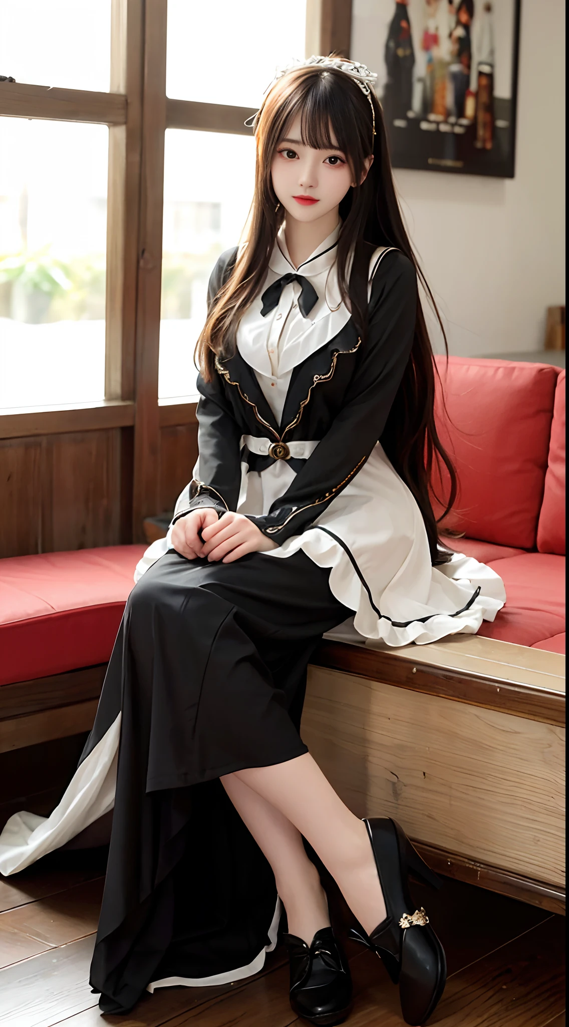 4K Ultra HD, Masterpiece, Very high quality, A girl, 20岁女孩, Good face, Smooth face, Detailed eyes, Beautiful hair, Very long hair, Hair Band, Cute look, party outfit, dress, night club, Different lighting, Sit Pose, Full body capture