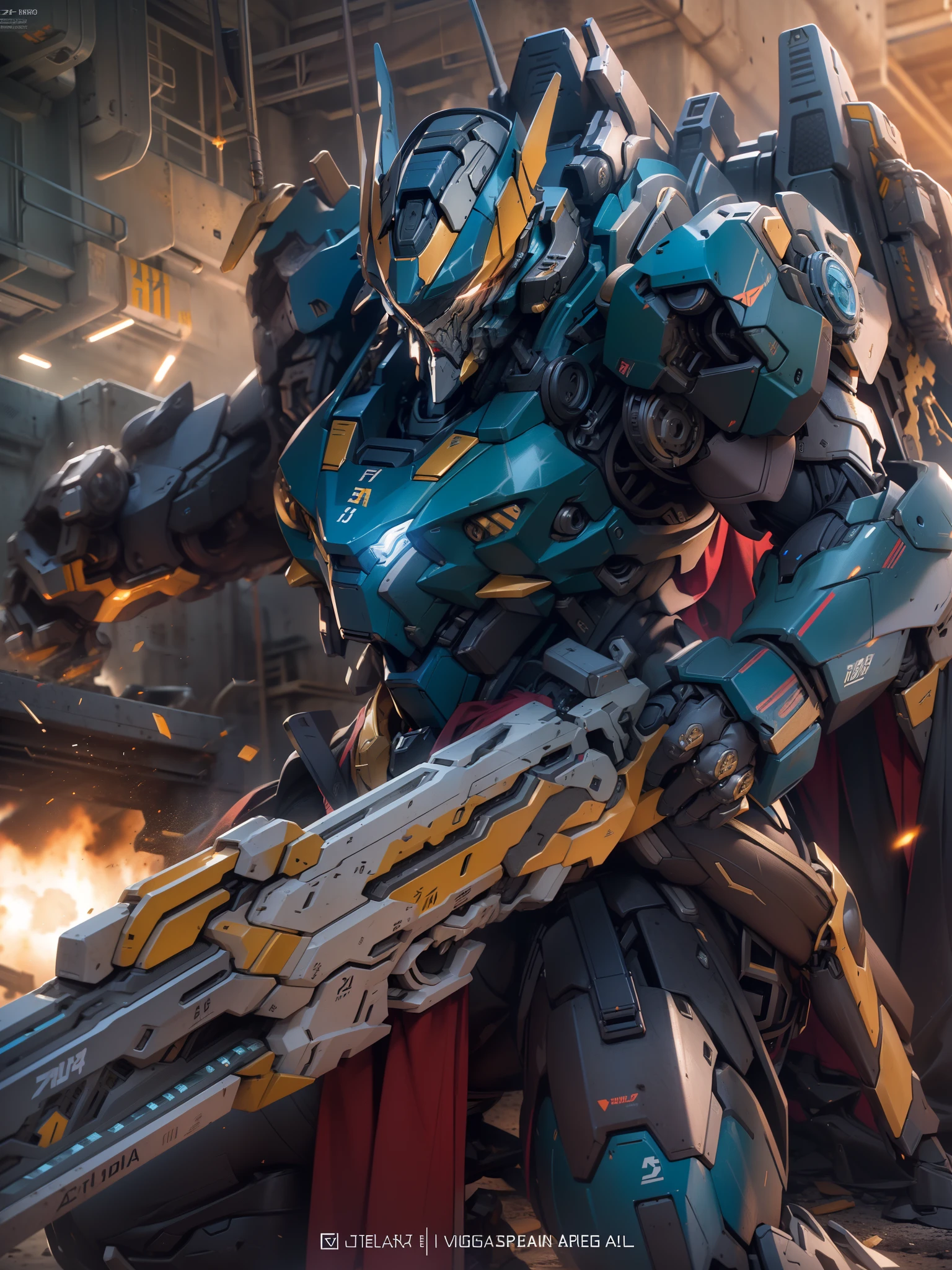 ((battlefield background, distruction, explosion)) ((sitting pose)) Hyper realistic illustration of super advanced ai 4D real life size of Gundam Venom, asgard armor, Asgardian element, Blue and Red Color wearing huge futuristic robe, neat and tidy body shape:: holding Super massive weapon, long shot, centered image, full view, hand granade, bulky, futuristic design, stylish weapon element, nerf weapon inspired, gunpla weapon inspired, color balance, clean and sharp image, nice brightness, dynamic shading, Nikon D4:: inspired by world class weapon illustration artist::