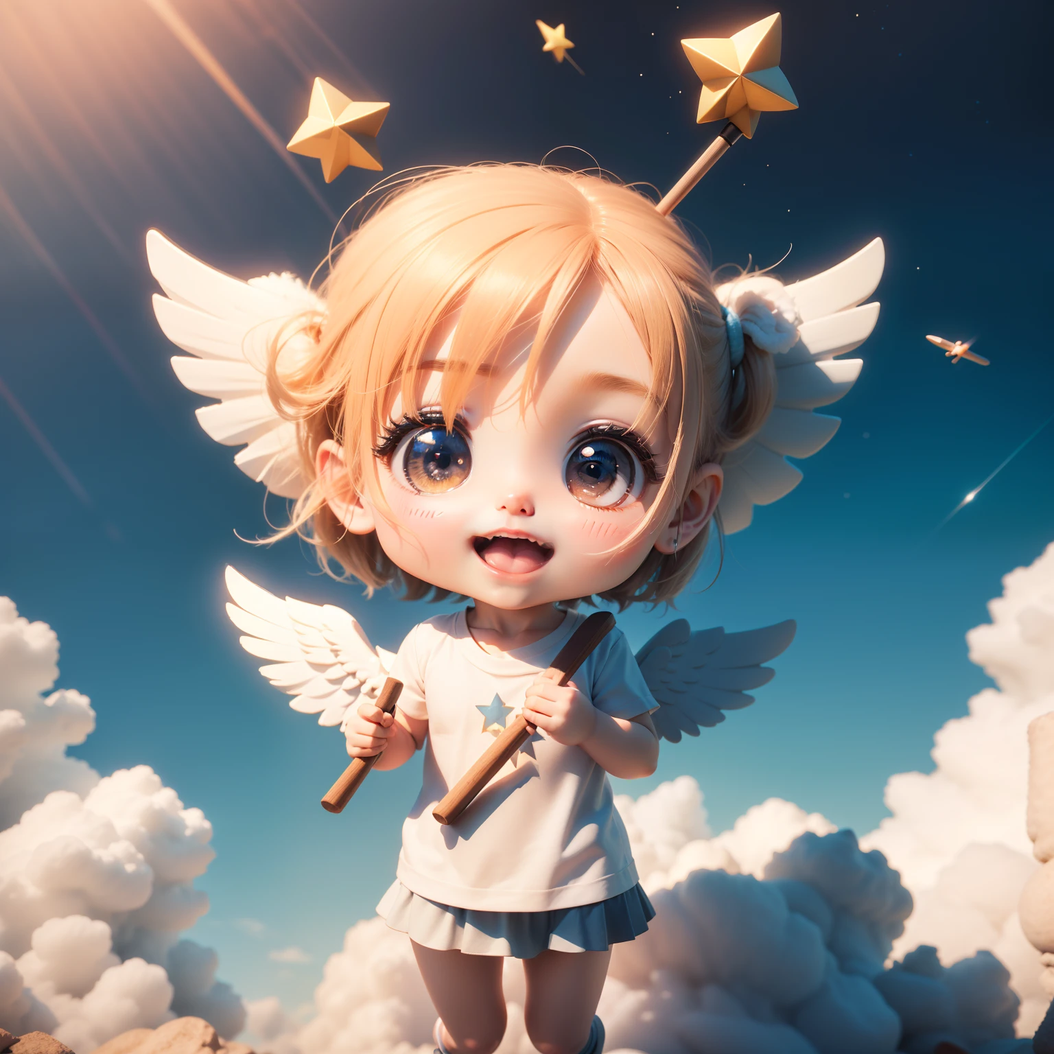 Cute  Chibi Anime, (((chibi3d))) (bes t quality) (masterprice)、 (Chibi Angel:1.2) Blue Sky into the Dao Cloud、Bright morning sunlight、Open your mouth and smile、Detailed small face、Holding the baton of decoration in the shape of a star Shooting star jumping