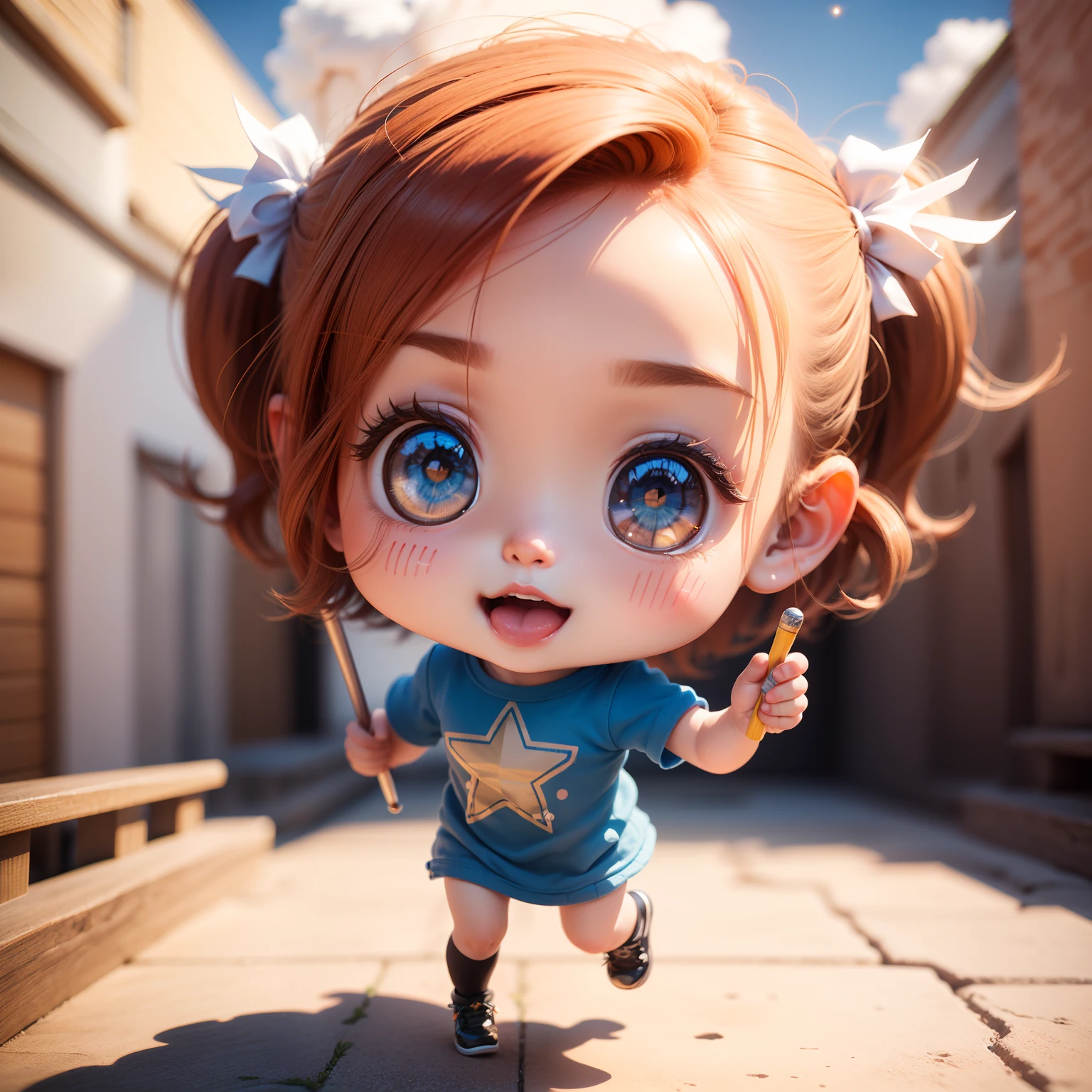 Cute Baby Chibi Anime, (((chibi3d))) (bes t quality) (masterprice)、 (Chibi Angel:1.2) Blue Sky into the Dao Cloud、Bright morning sunlight、Open your mouth and smile、Detailed small face、Holding the baton of decoration in the shape of a star Shooting star jumping