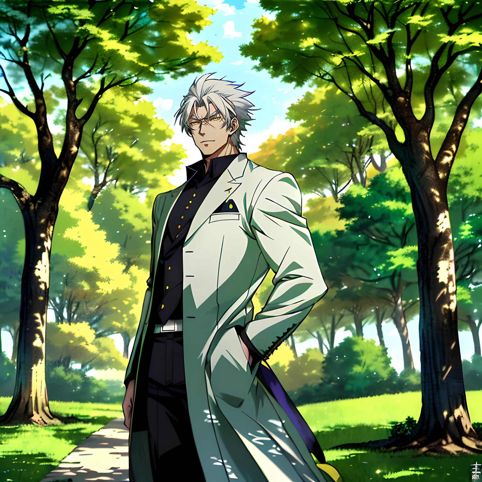Anime character with white hair and yellow eyes standing in front of a green tree, hajime yatate, Anime portrait of a handsome man, Tall anime man with yellow eyes, Anime handsome man, a silver haired mad, white haired Cangcang, handsome guy in demon killer art, offcial art