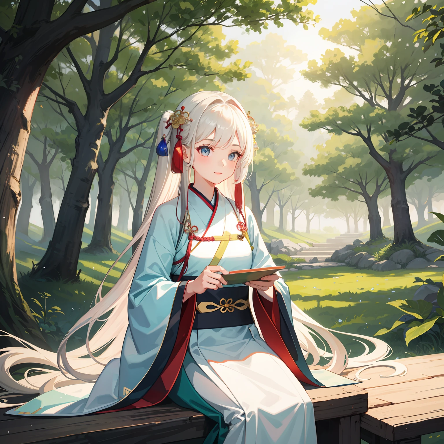 1girl, (hanfu), glowing, sidelighting, wallpaper, forest background