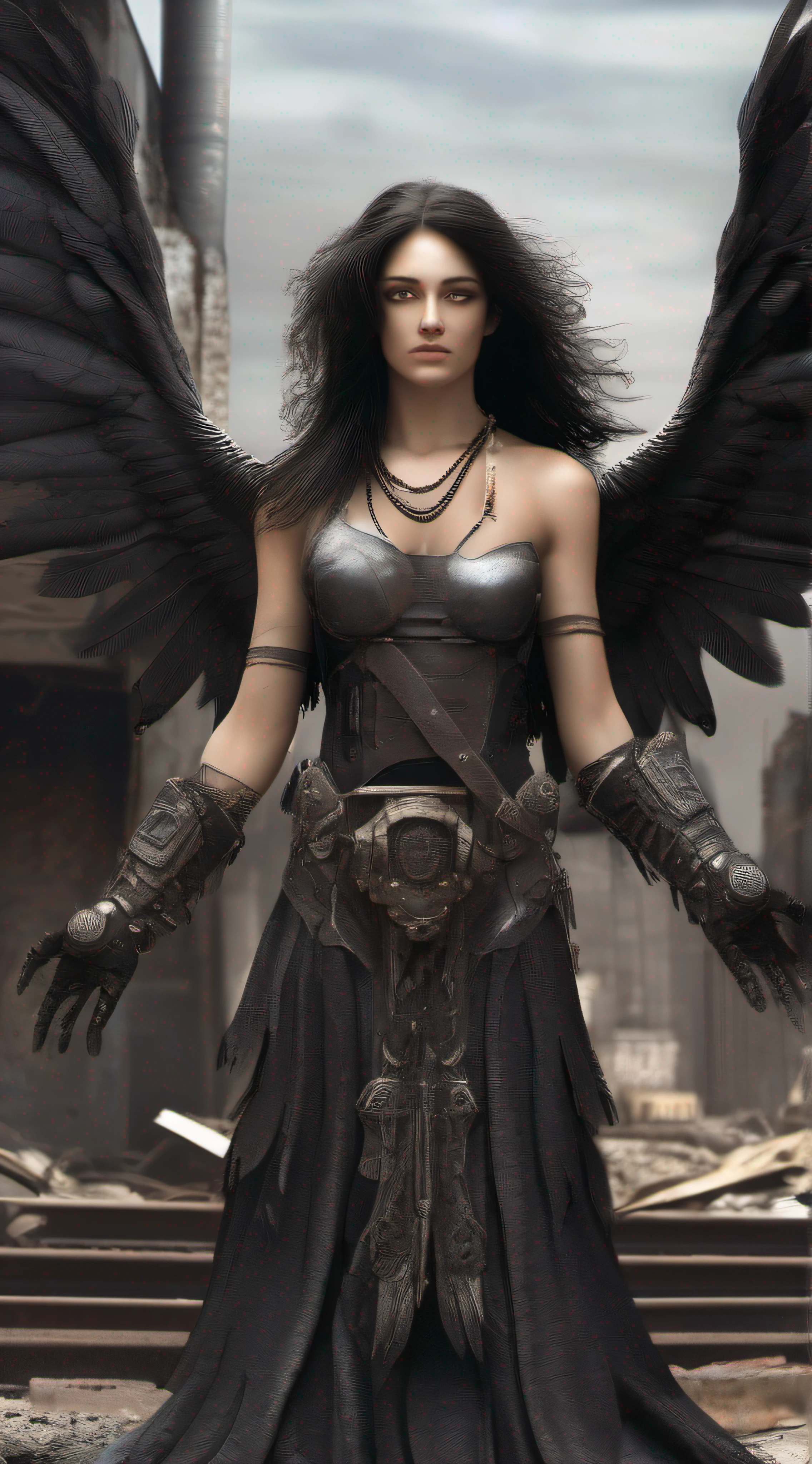 portrait of beautiful female dark angel , black feathered wings, postapocalypse city, against the background of the ruined city, rusted steel structures, ((intricate details)), hdr, ((intricate details, hyperdetailed)), cinematic shot, vignette, highly detailed, INTRICATE, photo realistic, cinematic lighting,Gerald Brom,