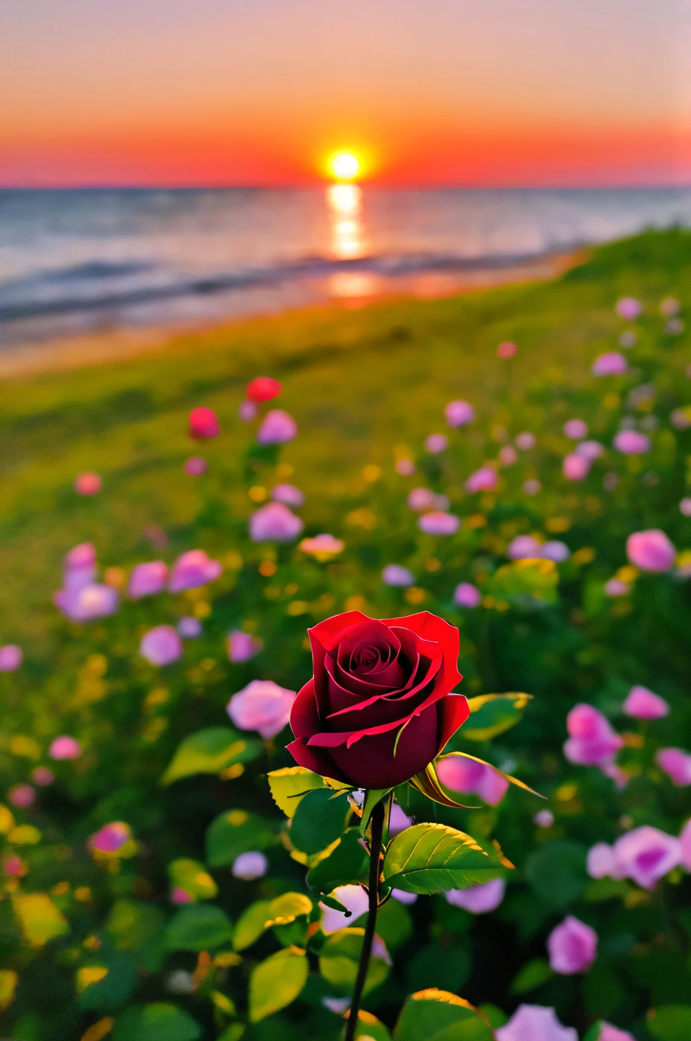 Close-up shot, a rose flower, the background is the gorgeous sunset by the sea, real texture, warm