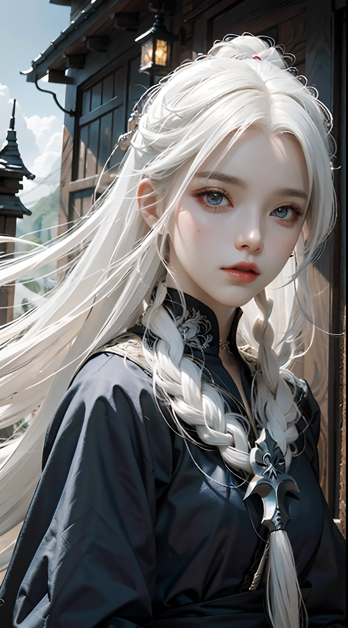 a close up of a person with white hair and a sword, white haired deity, with white long hair, with long white hair, artwork in the style of guweiz, white haired, guweiz, handsome guy in demon slayer art, beautiful character painting, by Yang J, white-haired, guweiz on pixiv artstation, anime character,blue clothing