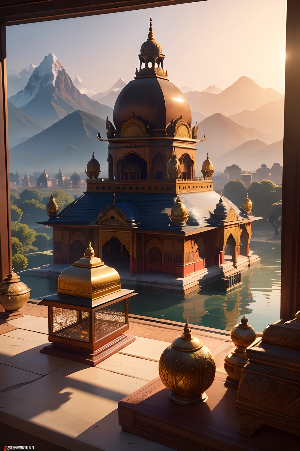 (best quality,4k,highres,masterpiece:1.2),ultra-detailed,realistic,hdr,indian game scene wide-angle image,crisp focus,vivid colors,bokeh,panorama,large and immersive,beautifully crafted landscape,photorealistic,professional,detailed game environment,richly textured,artistic rendering,enchanting lighting,colorful characters and architecture,traditional Indian elements,golden accents,ornate temples and palaces,bustling market stalls,playful elephants and peacocks,captivating sunset over the Ganges River,majestic mountains in the distance,dynamic and engaging gameplay,emotional storytelling,authentic cultural experience.