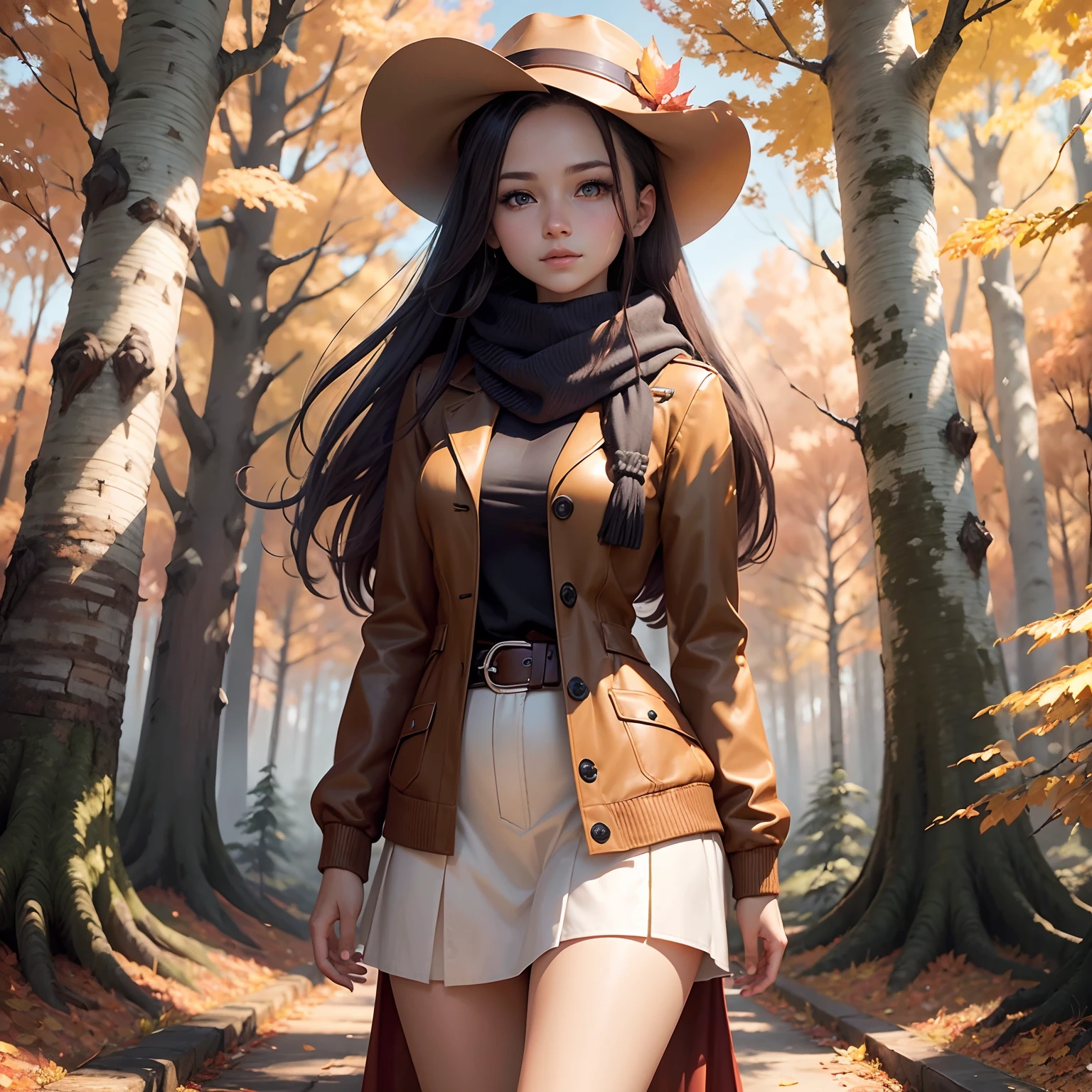 tmasterpiece，Game CG quality，Girl walking in autumn forest，close-up，Face the lens，A half body