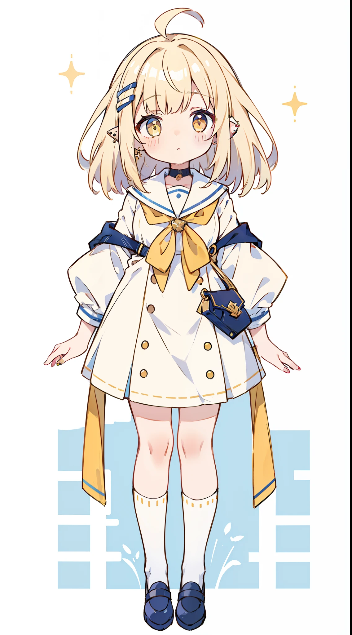 1 girl in、((full body Esbian、Standing picture))、cream colored Hair、Medium hair、a sailor suit、yellow  eyes、(Hairpin between face and ear)、Ear-piercing、white backgrounid、simple background、top-quality、masutepiece