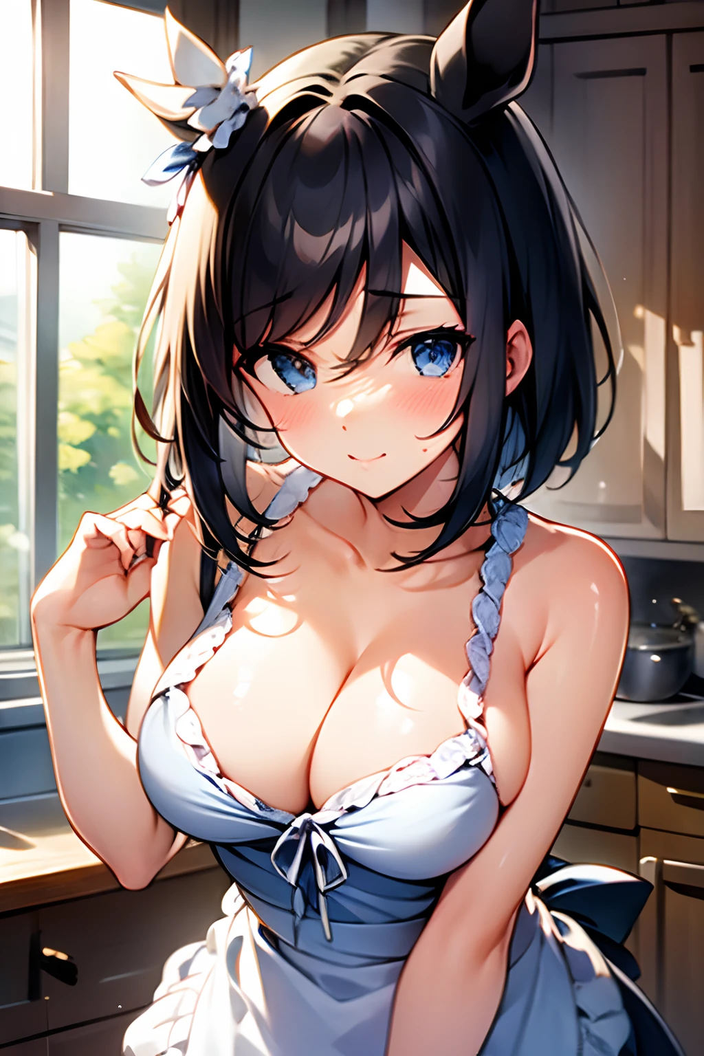 naked apron,cleavage,look at camera,
