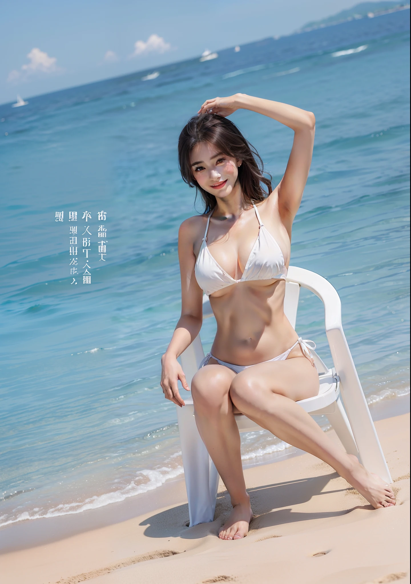 (top-quality、8k、masterpiece:1.3)、Beautiful Women in Perfect Figure:1.4、dark brown hair、extremely detailed face and skin、A detailed eye、二重まぶた、huge tit、a smile、g-cup