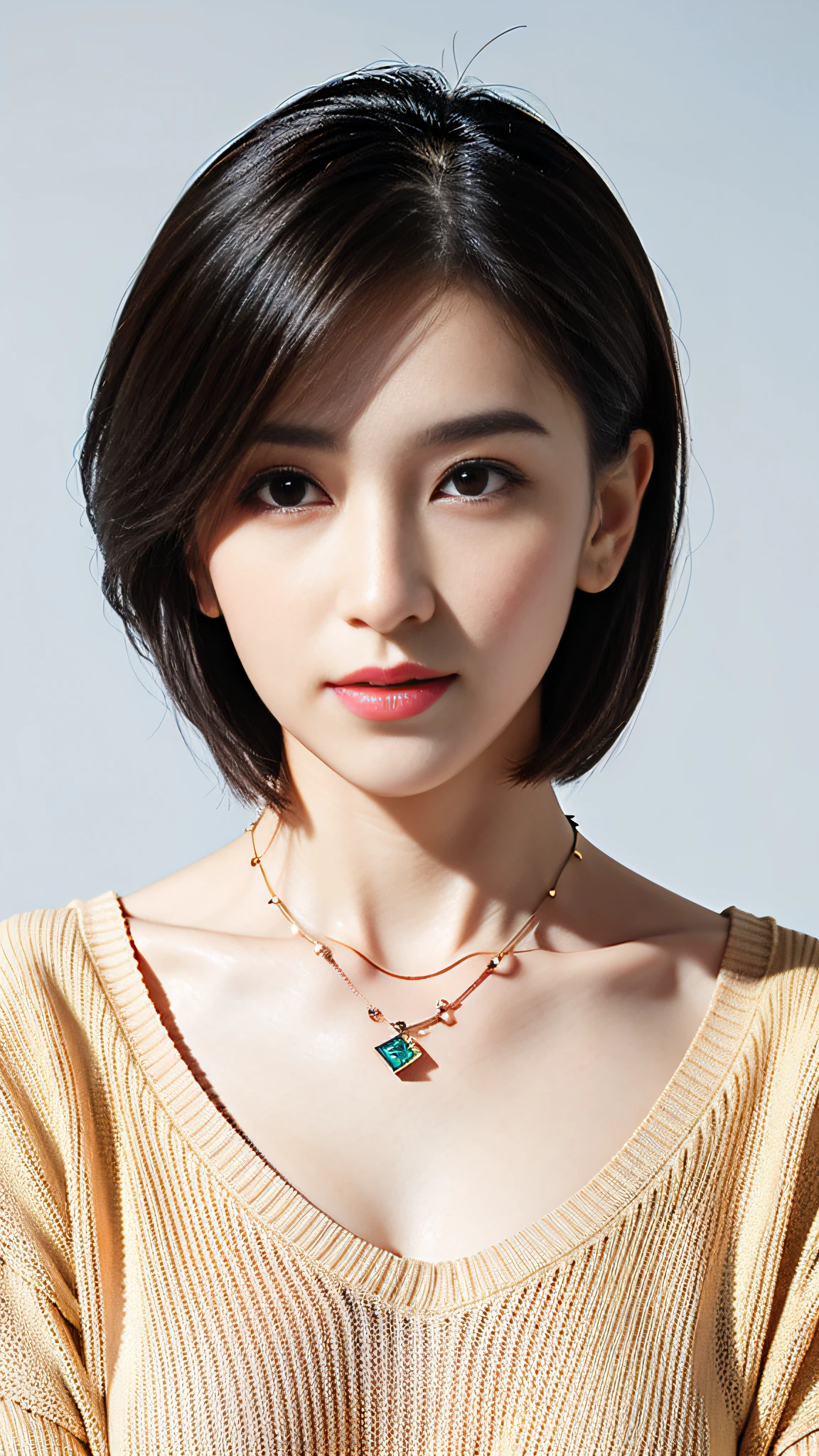 (Best Quality, 8k, 32k, Masterpiece, UHD: 1.2), Cute Japan Woman Pictures, Very Short Bob Hair, Upper Body, Face Focus, oversized_sweater, Necklace, Simple Background, From Above, Watch the Viewer,