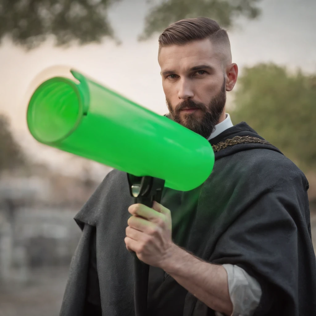arafed man with a beard holding a A mysterious green yellow tube in his hand, portrait of a Judge , looking to the crystal, male, punisher, wearing a Leather jacket, closeup portrait, beautiful celestial mage, hyper realistic, portrait of a male hydromancer