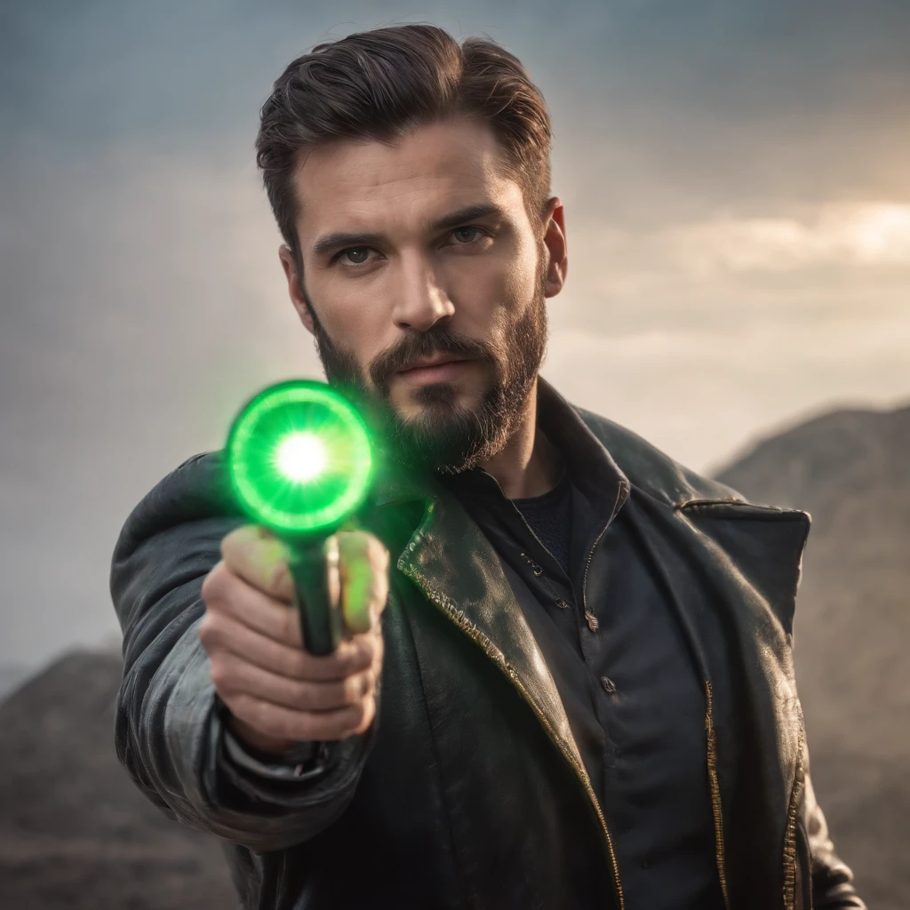 arafed man with a beard holding a A mysterious green yellow tube in his hand, portrait of a Judge , looking to the crystal, male, punisher, wearing a Leather jacket, closeup portrait, beautiful celestial mage, hyper realistic, portrait of a male hydromancer