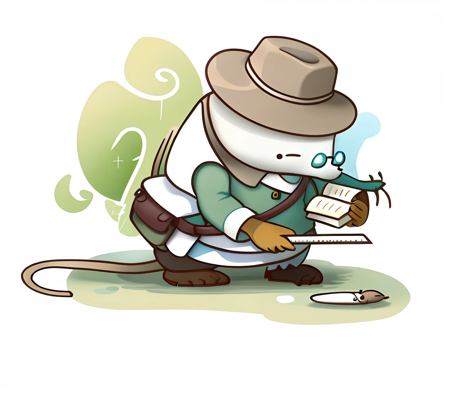 Cute shrew,Preserve color,Plain white background,Hold a ruler in your right hand,Holding a book in his left hand,wears glasses,Observe footprints on the ground,Carry a cross-body bag,wearing hat,blindbox