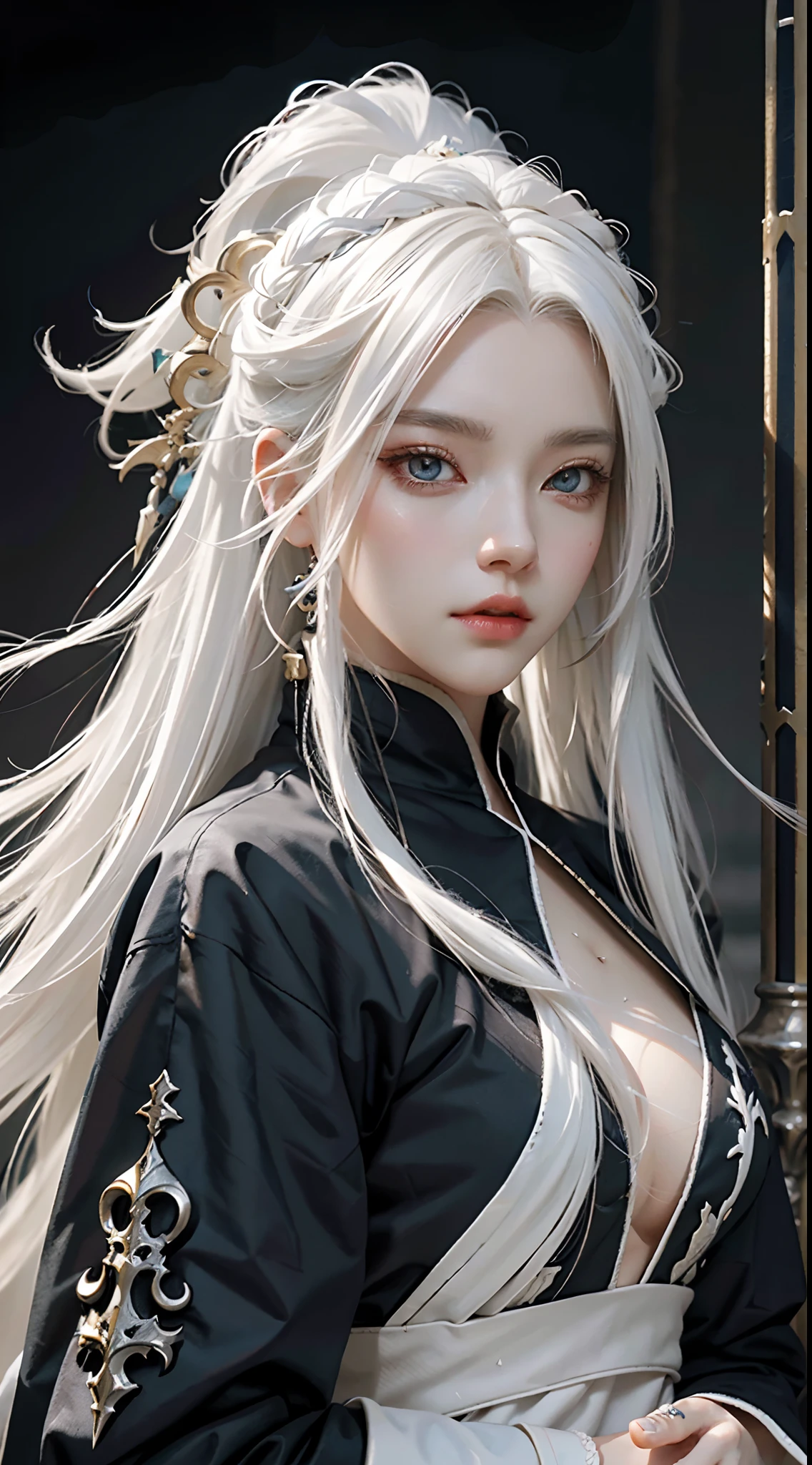 a close up of a person with white hair and a sword, white haired deity, with white long hair, with long white hair, artwork in the style of guweiz, white haired, guweiz, handsome guy in demon slayer art, beautiful character painting, by Yang J, white-haired, guweiz on pixiv artstation, anime character,blue clothing