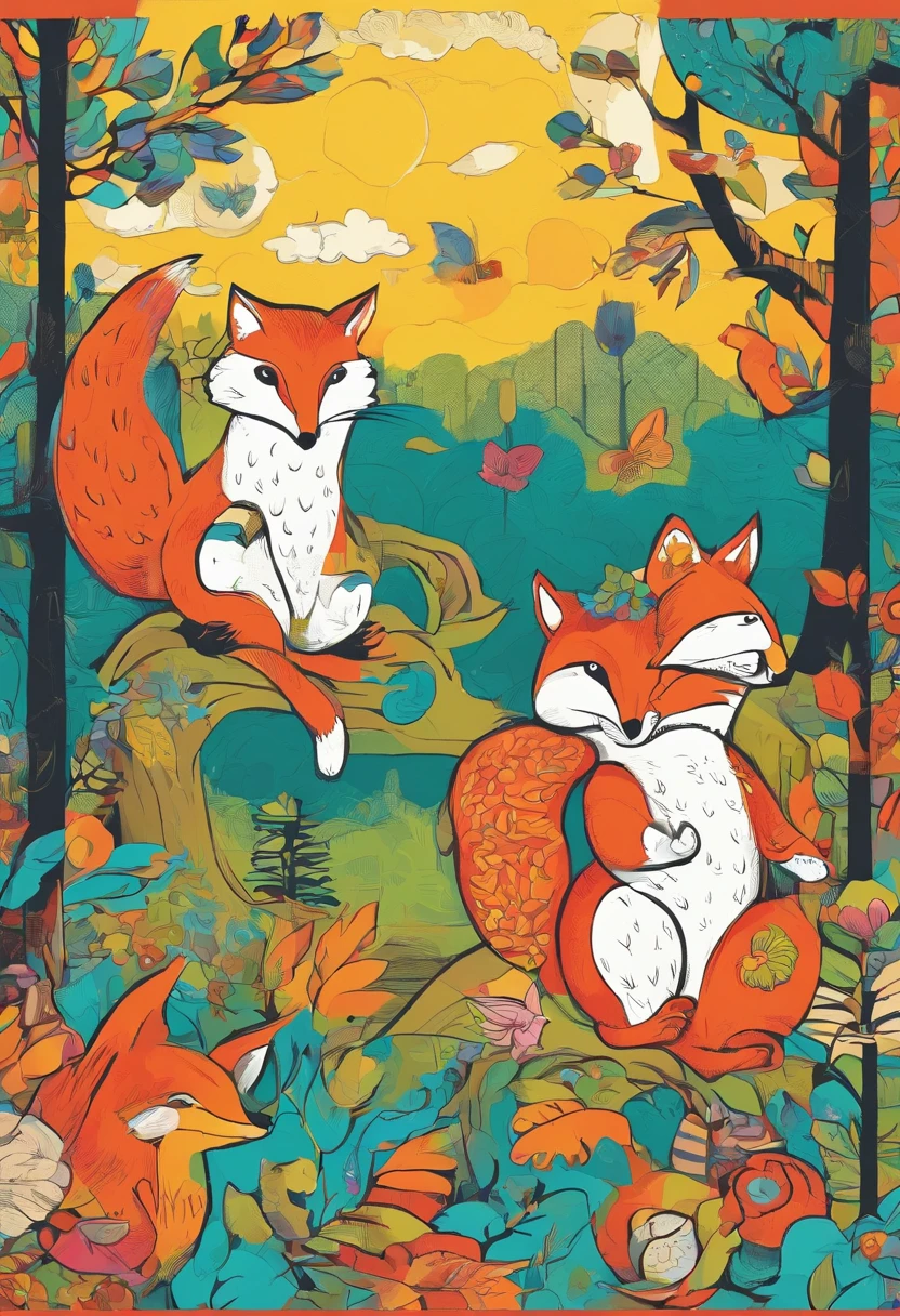 Children's style, 児童書, Hareful, foxes, Squirrels and owls, in woods, Quite, 发光, stas